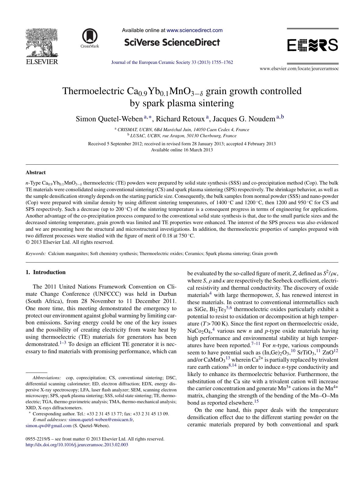 Thermoelectric Ca0.9Yb0.1MnO3âÎ´ grain growth controlled by spark plasma sintering by Simon Quetel-Weben