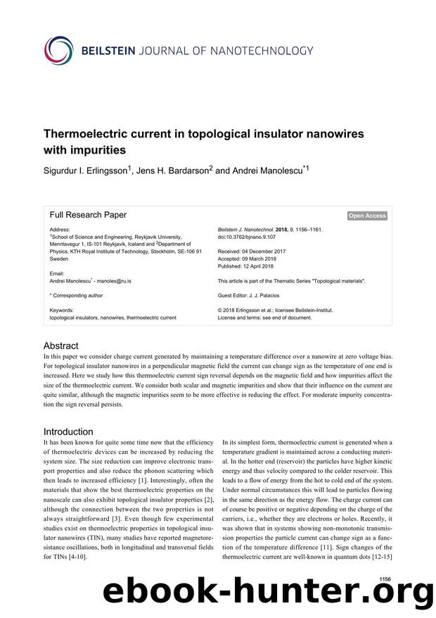 Thermoelectric current in topological insulator nanowires with impurities by Sigurdur I. Erlingsson Jens H. Bardarson Andrei Manolescu