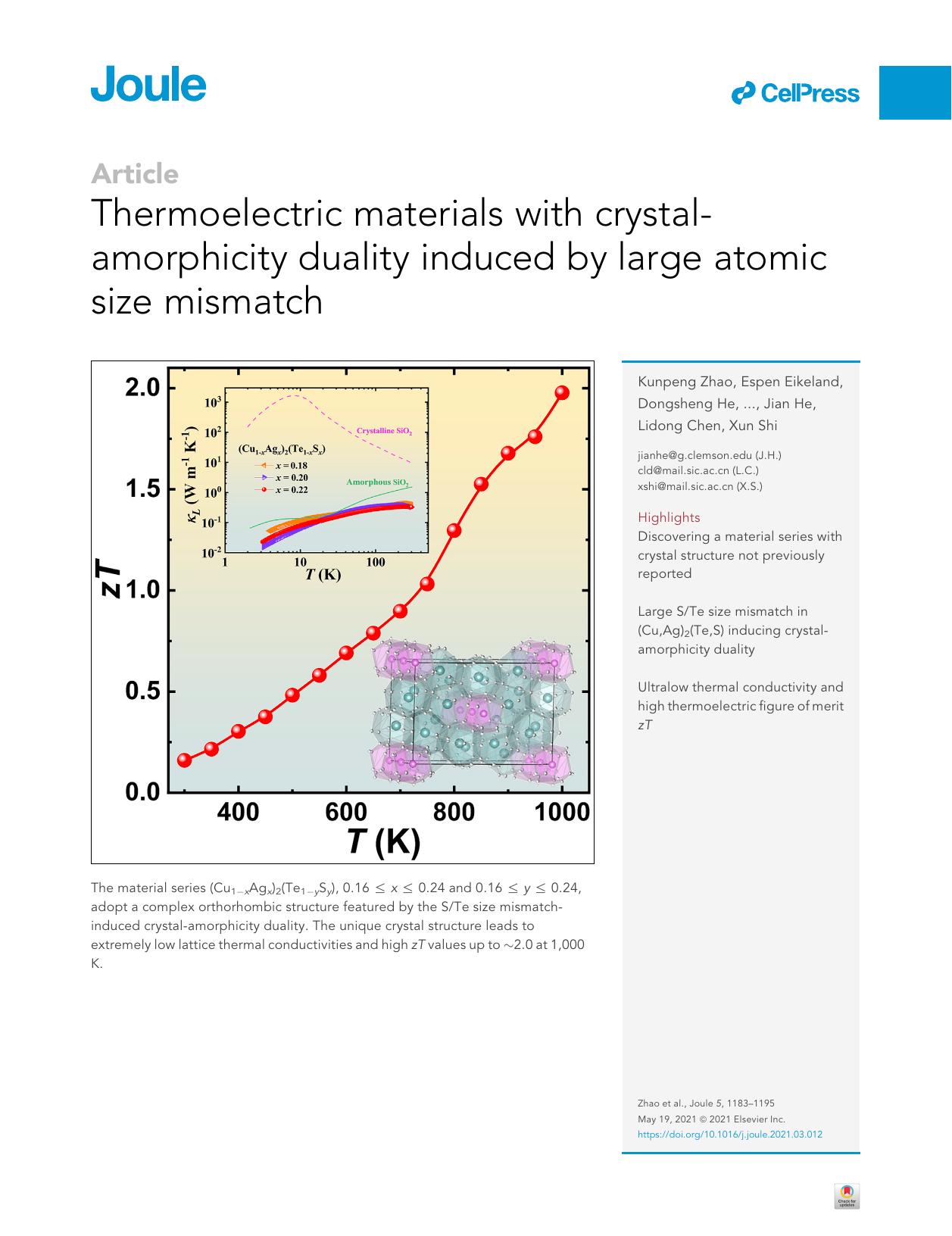 Thermoelectric materials with crystal-amorphicity duality induced by large atomic size mismatch by unknow