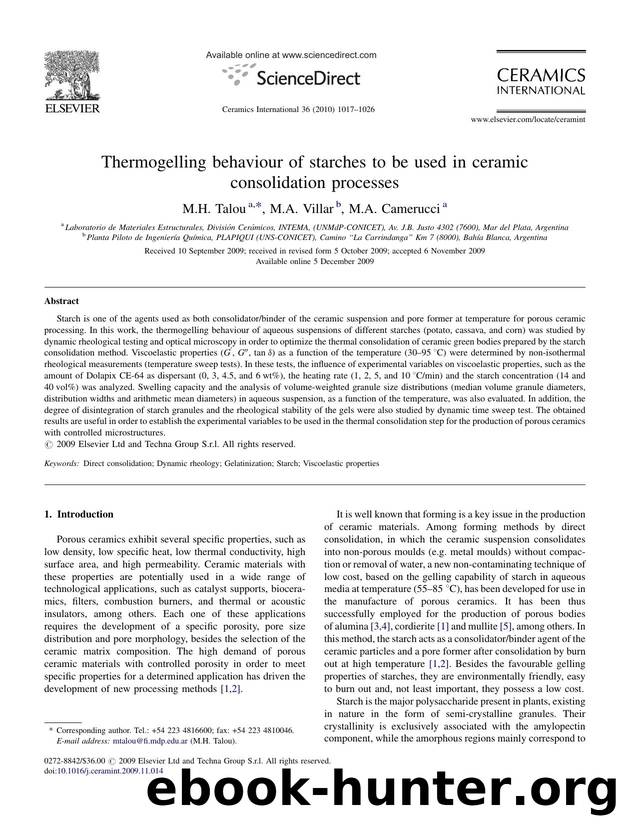 Thermogelling behaviour of starches to be used in ceramic consolidation processes by M.H. Talou; M.A. Villar; M.A. Camerucci