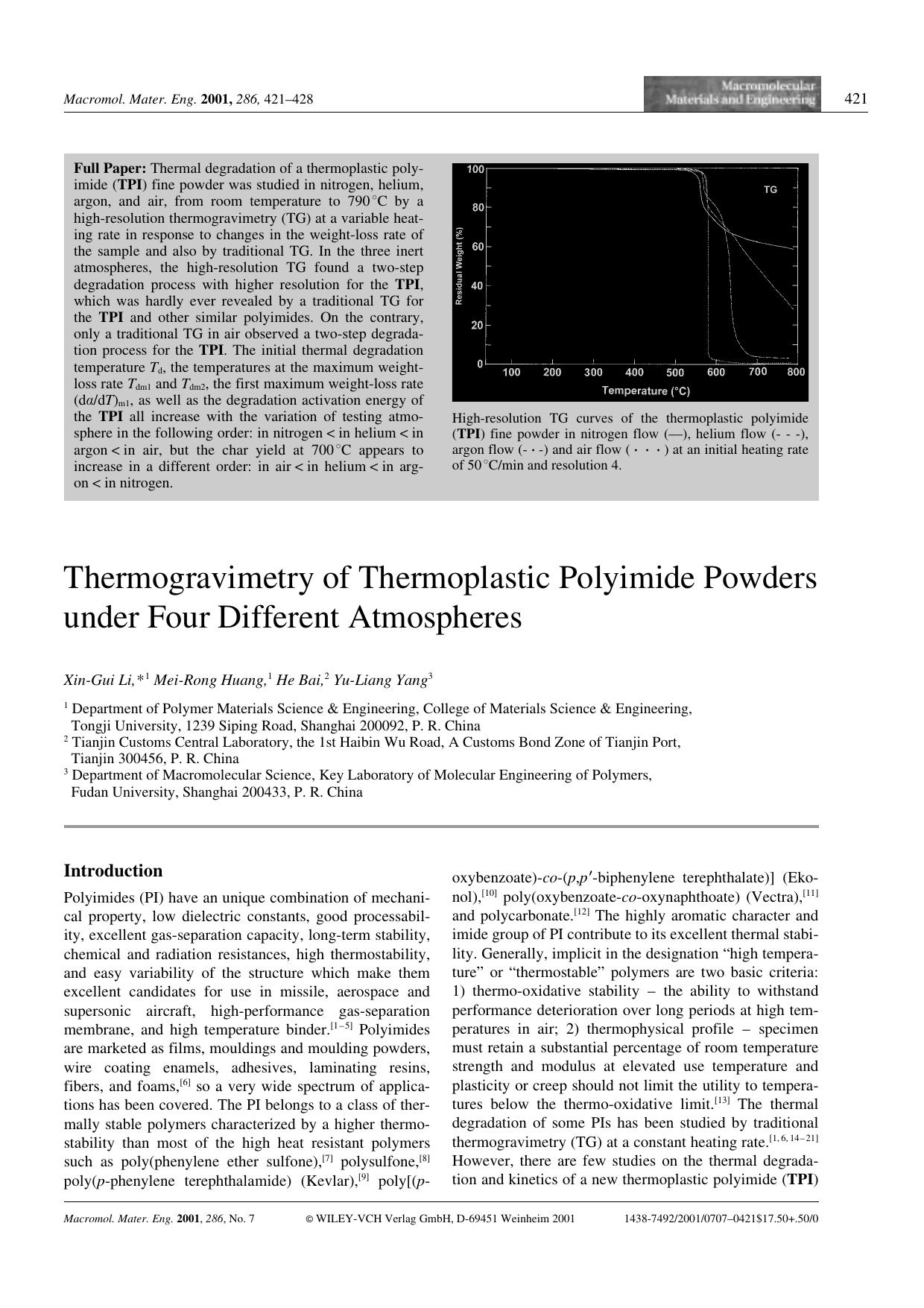 Thermogravimetry of Thermoplastic Polyimide Powders under Four Different Atmospheres by Unknown