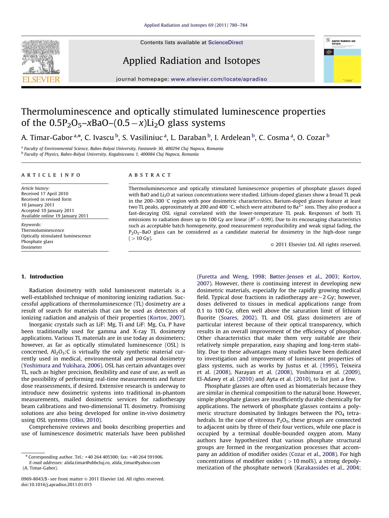 Thermoluminescence and optically stimulated luminescence properties of the 0.5P2O5âxBaOâ(0.5âx)Li2O glass systems by A. Timar-Gabor & C. Ivascu & S. Vasiliniuc & L. Daraban & I. Ardelean & C. Cosma & O. Cozar