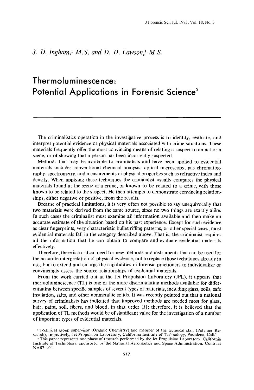 Thermoluminescence: Potential Applications in Forensic Science by Ingham JD Lawson DD