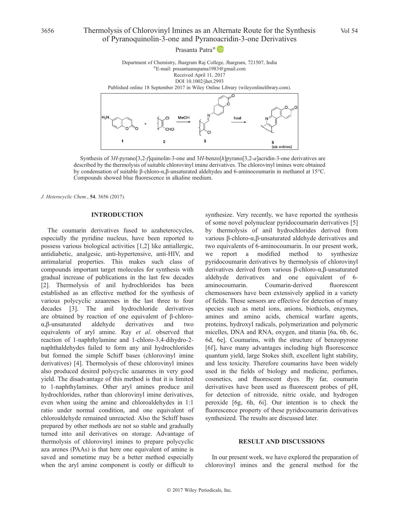 Thermolysis of Chlorovinyl Imines as an Alternate Route for the Synthesis of Pyranoquinolin-3-one and Pyranoacridin-3-one Derivatives by Prasanta Patra