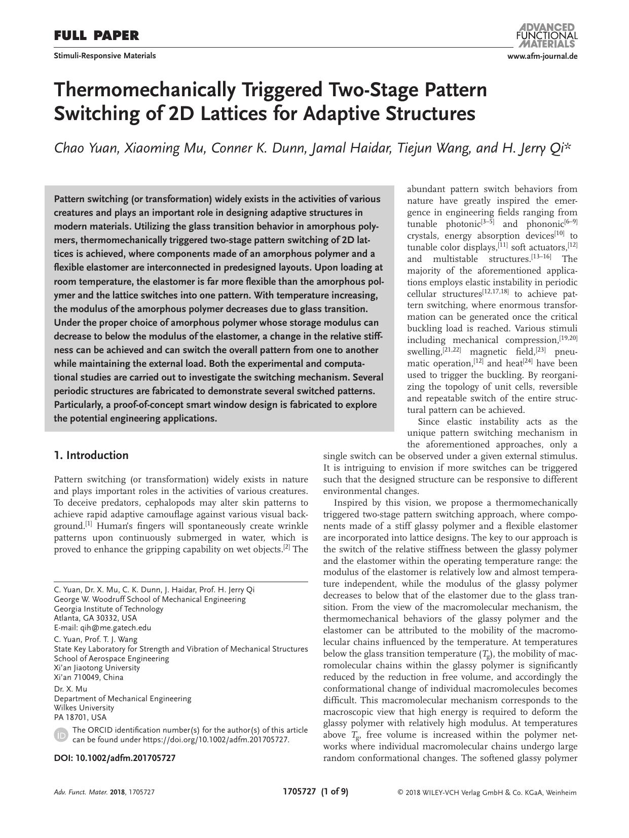 Thermomechanically Triggered Two‐Stage Pattern Switching of 2D Lattices for Adaptive Structures by Unknown