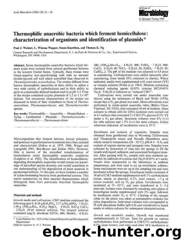 Thermophilic anaerobic bacteria which ferment hemicellulose: characterization of organisms and identification of plasmids by Unknown