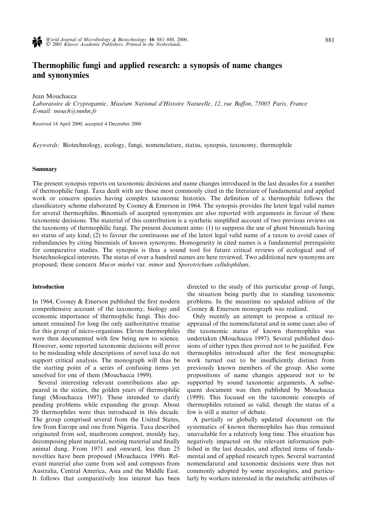 Thermophilic fungi and applied research: a synopsis of name changes and synonymies by Unknown