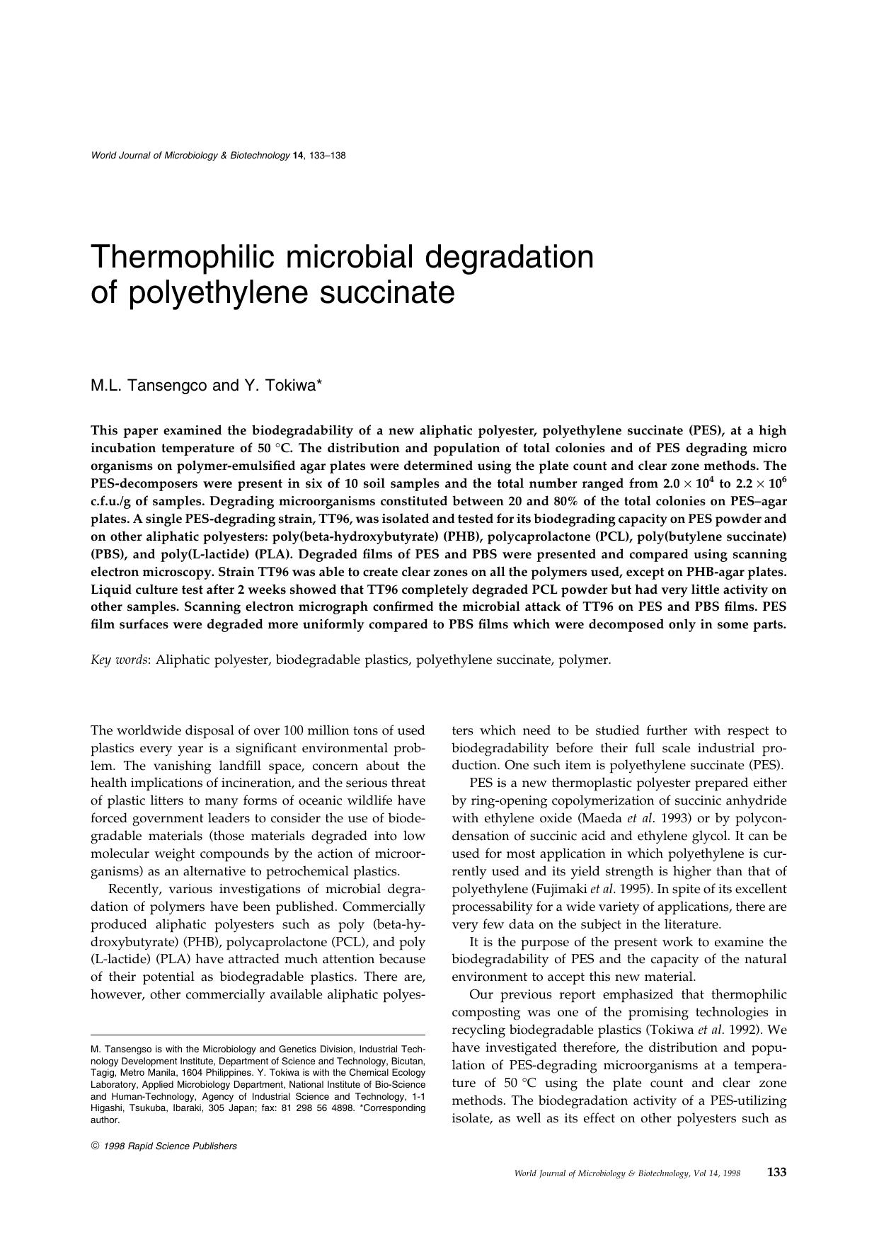 Thermophilic microbial degradation of polyethylene succinate by Unknown