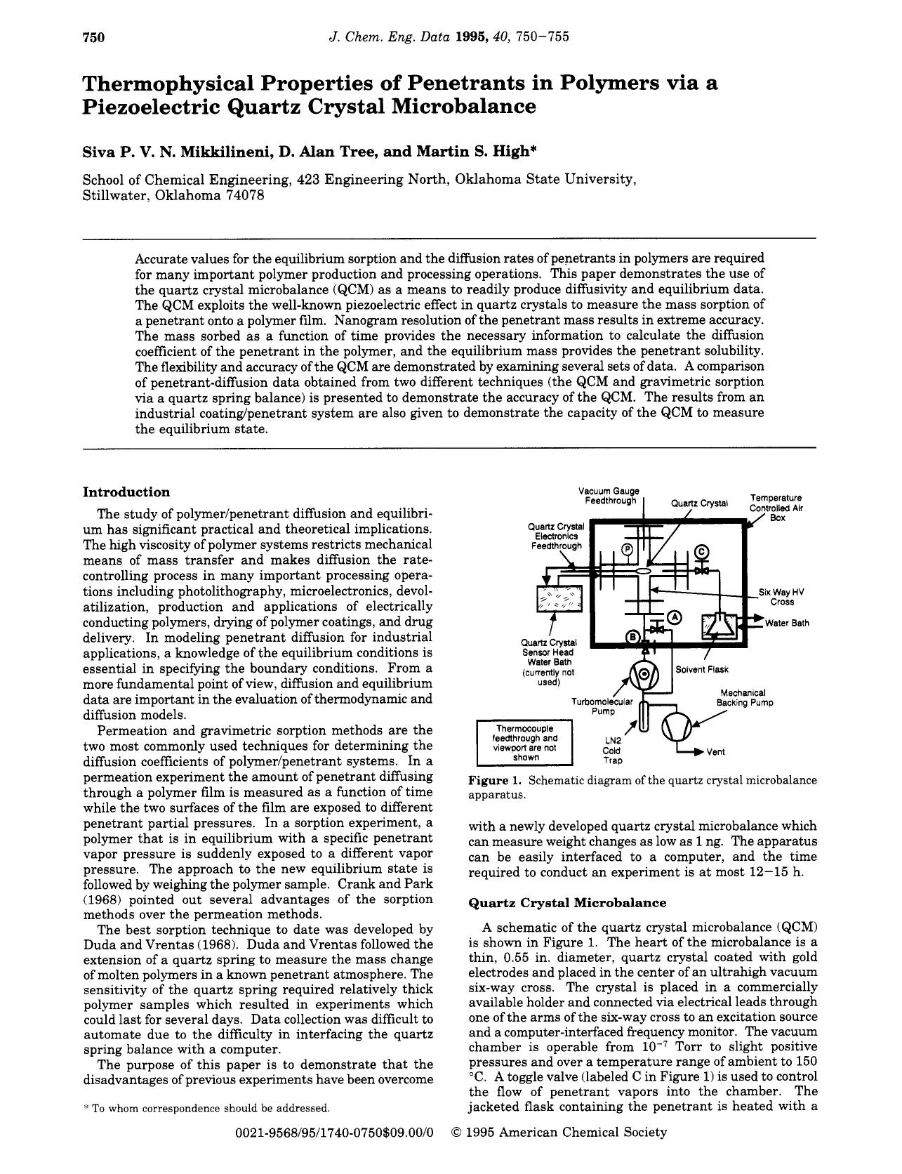 Thermophysical Properties of Penetrants in Polymers via a Piezoelectric Quartz Crystal Microbalance by Siva P. V. N. Mikkilineni D. Alan Tree Martin S. High
