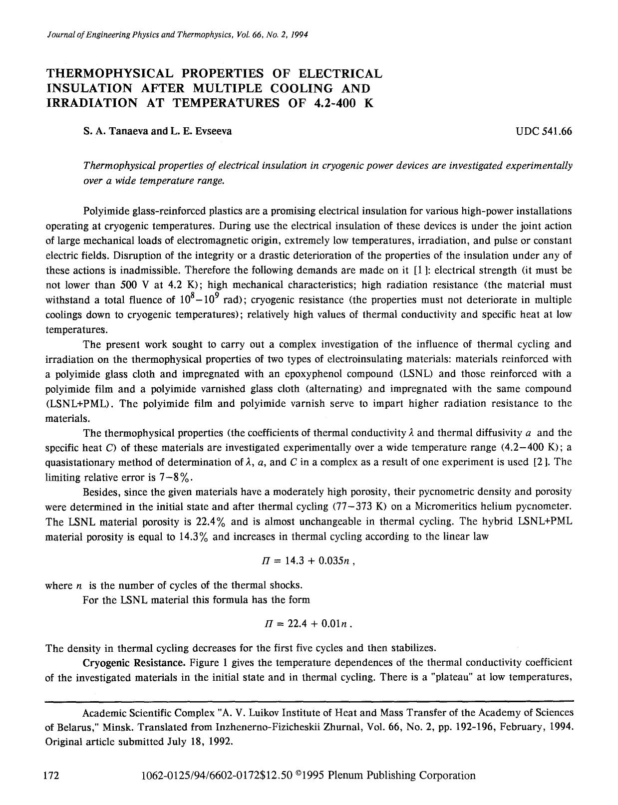 Thermophysical properties of electrical insulation after multiple cooling and irradiation at temperatures of 4.2–400 K by Unknown