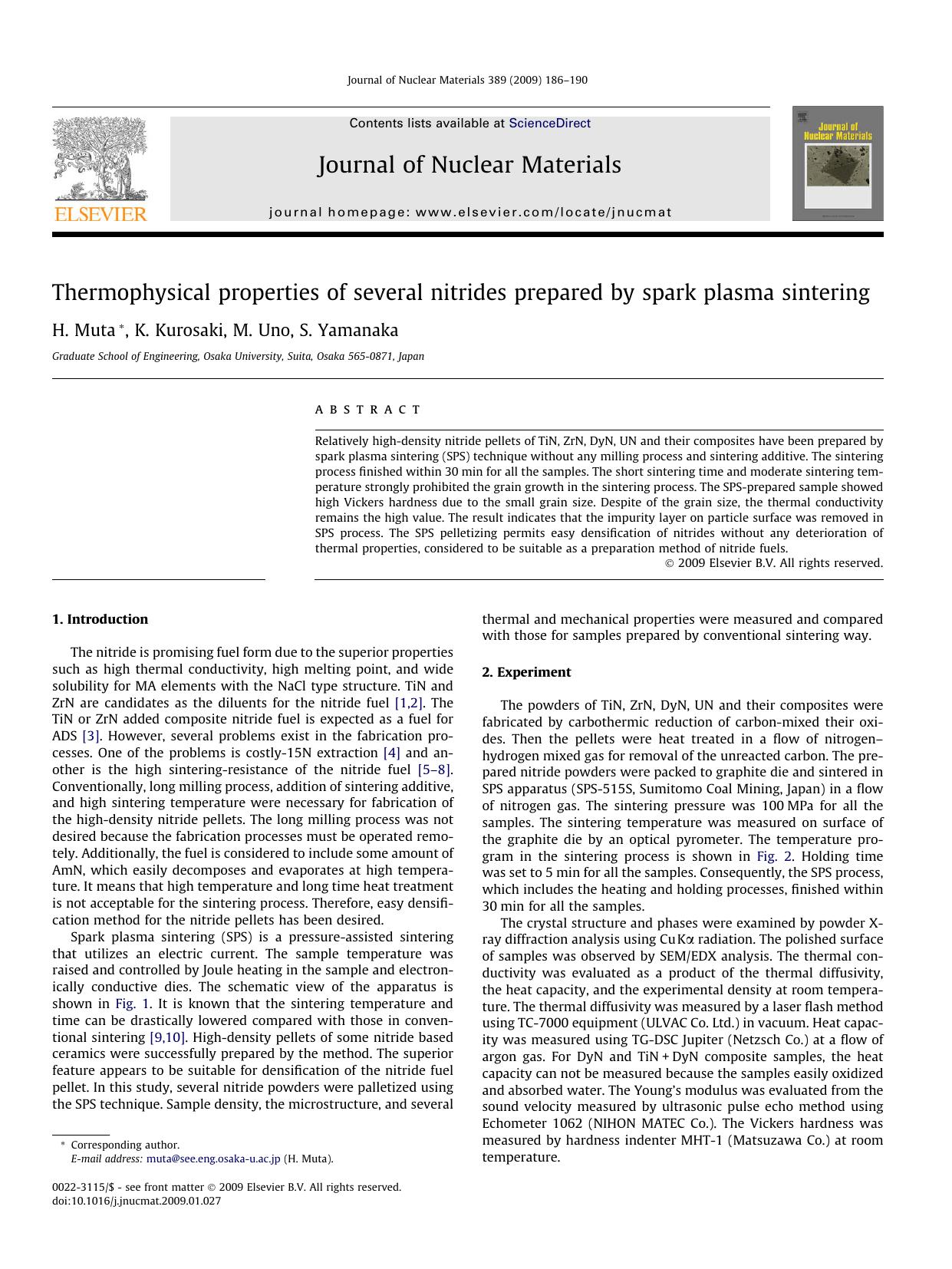 Thermophysical properties of several nitrides prepared by spark plasma sintering by H. Muta; K. Kurosaki; M. Uno; S. Yamanaka