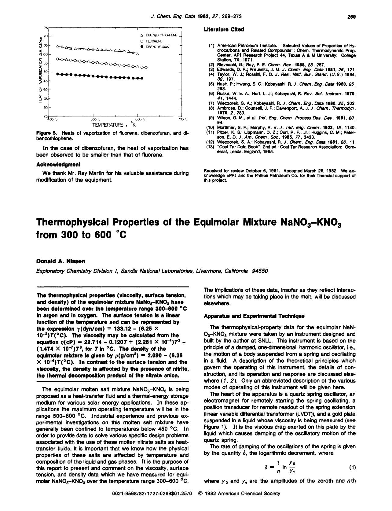 Thermophysical properties of the equimolar mixture sodium nitrate-potassium nitrate from 300 to 600.degree.C by Donald A. Nissen