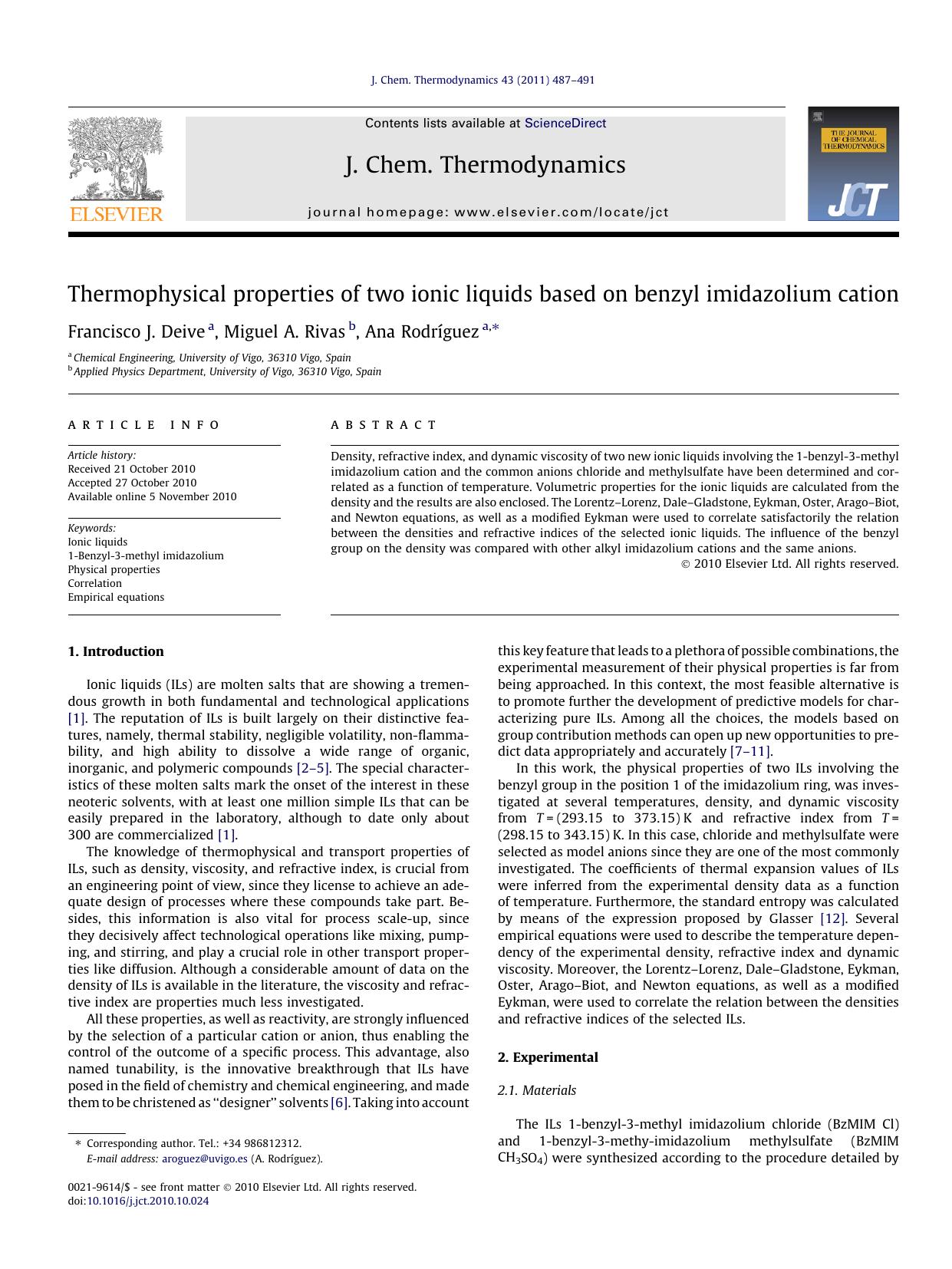 Thermophysical properties of two ionic liquids based on benzyl imidazolium cation by Francisco J. Deive & Miguel A. Rivas & Ana Rodríguez