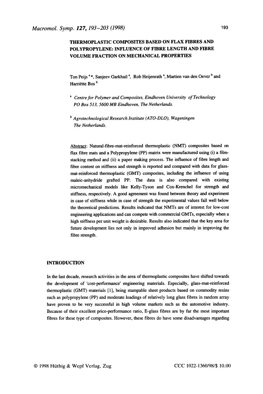 Thermoplastic composites based on flax fibres and polypropylene: Influence of fibre length and fibre volume fraction on mechanical properties by Unknown