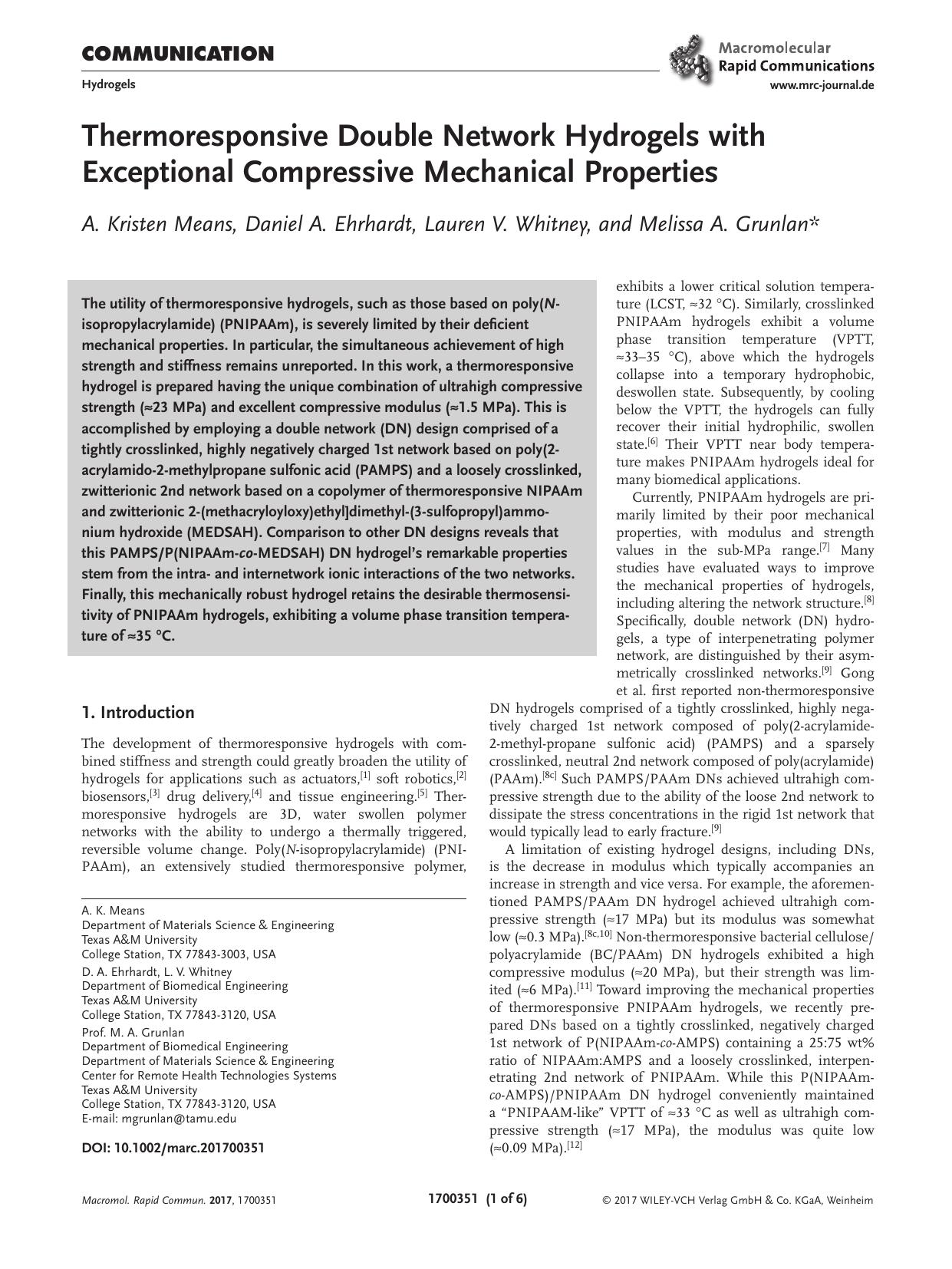 Thermoresponsive Double Network Hydrogels with Exceptional Compressive Mechanical Properties by Unknown