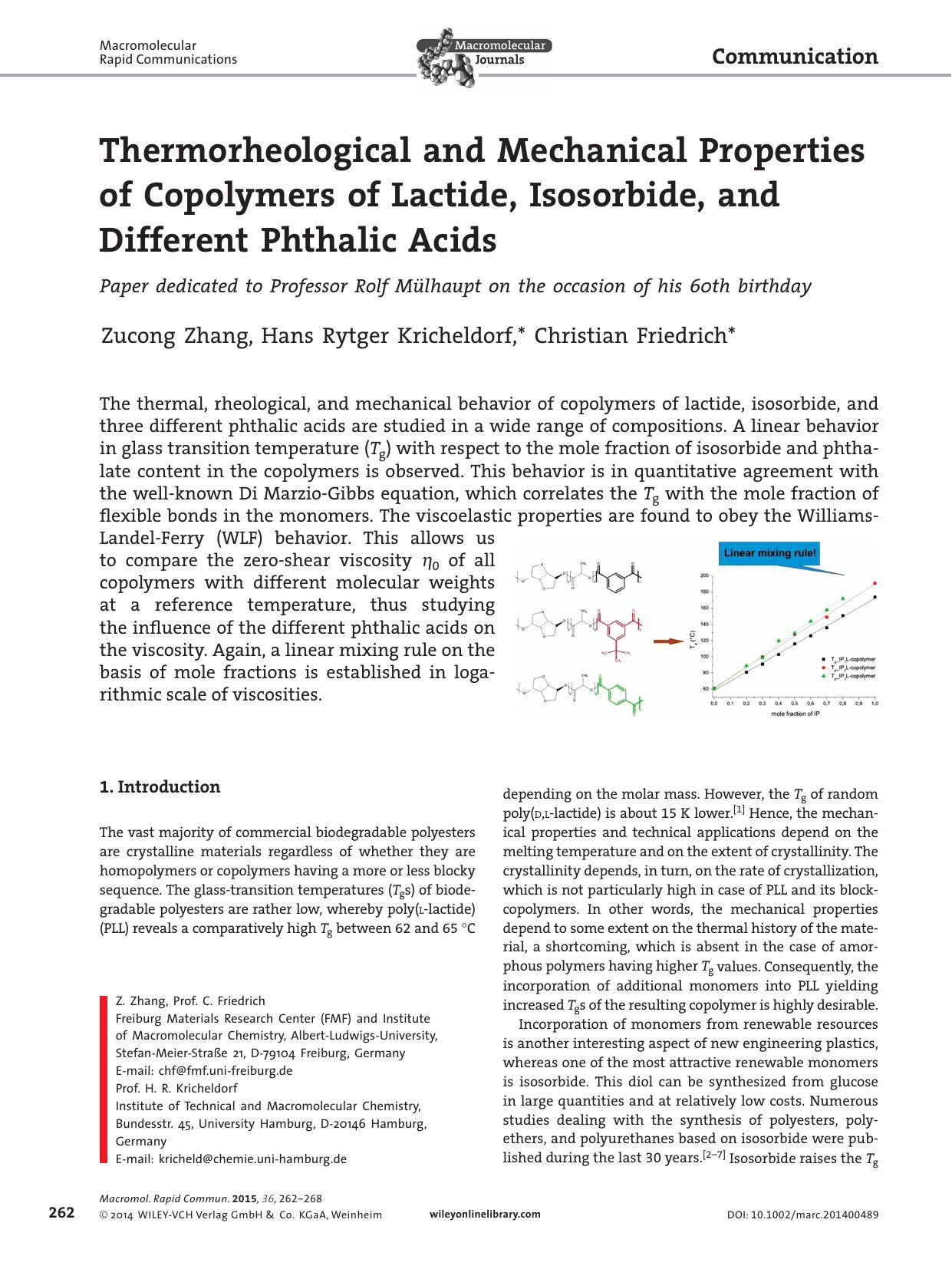 Thermorheological and Mechanical Properties of Copolymers of Lactide, Isosorbide, and Different Phthalic Acids by Unknown