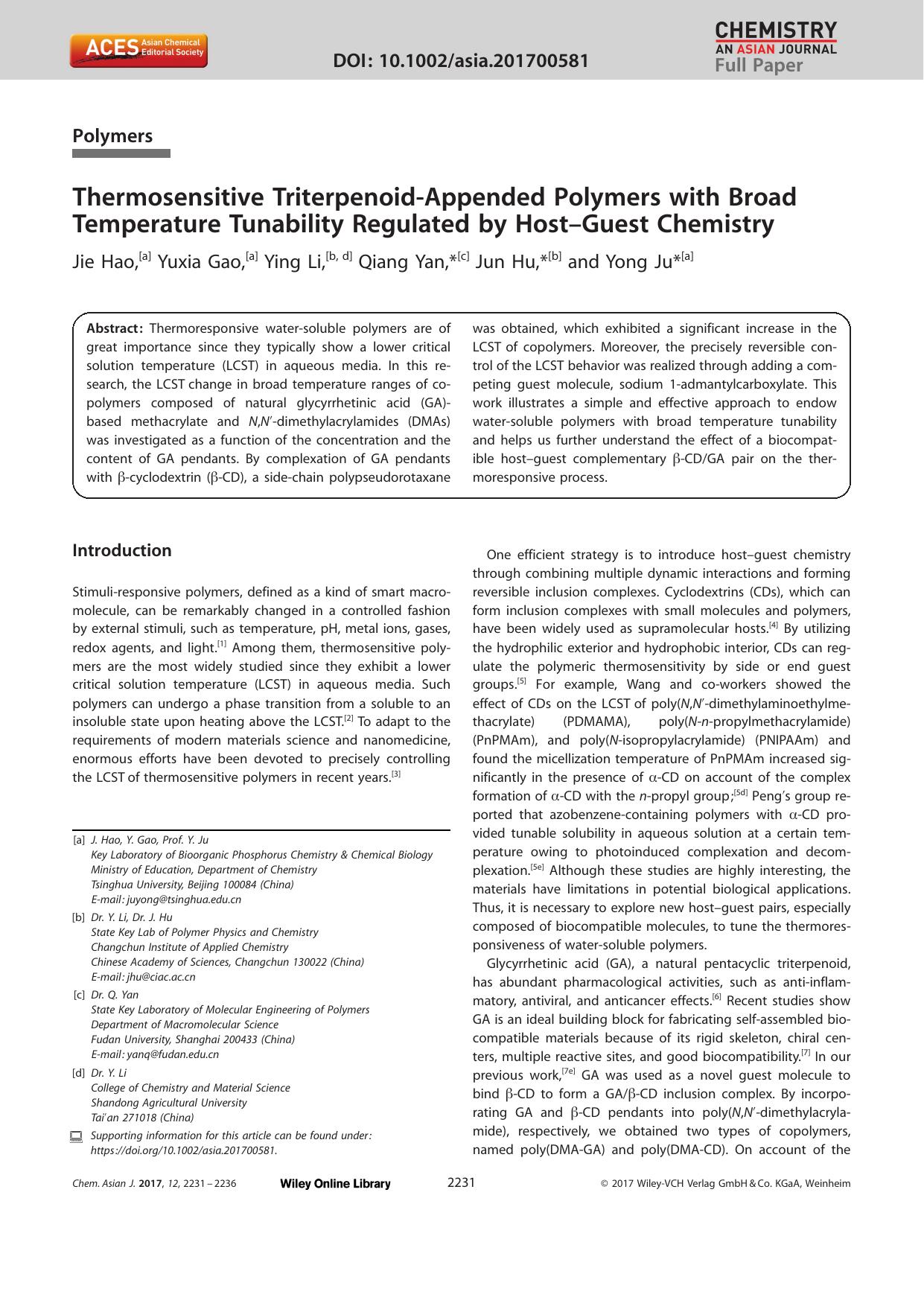 Thermosensitive TriterpenoidâAppended Polymers with Broad Temperature Tunability Regulated by HostâGuest Chemistry by Unknown