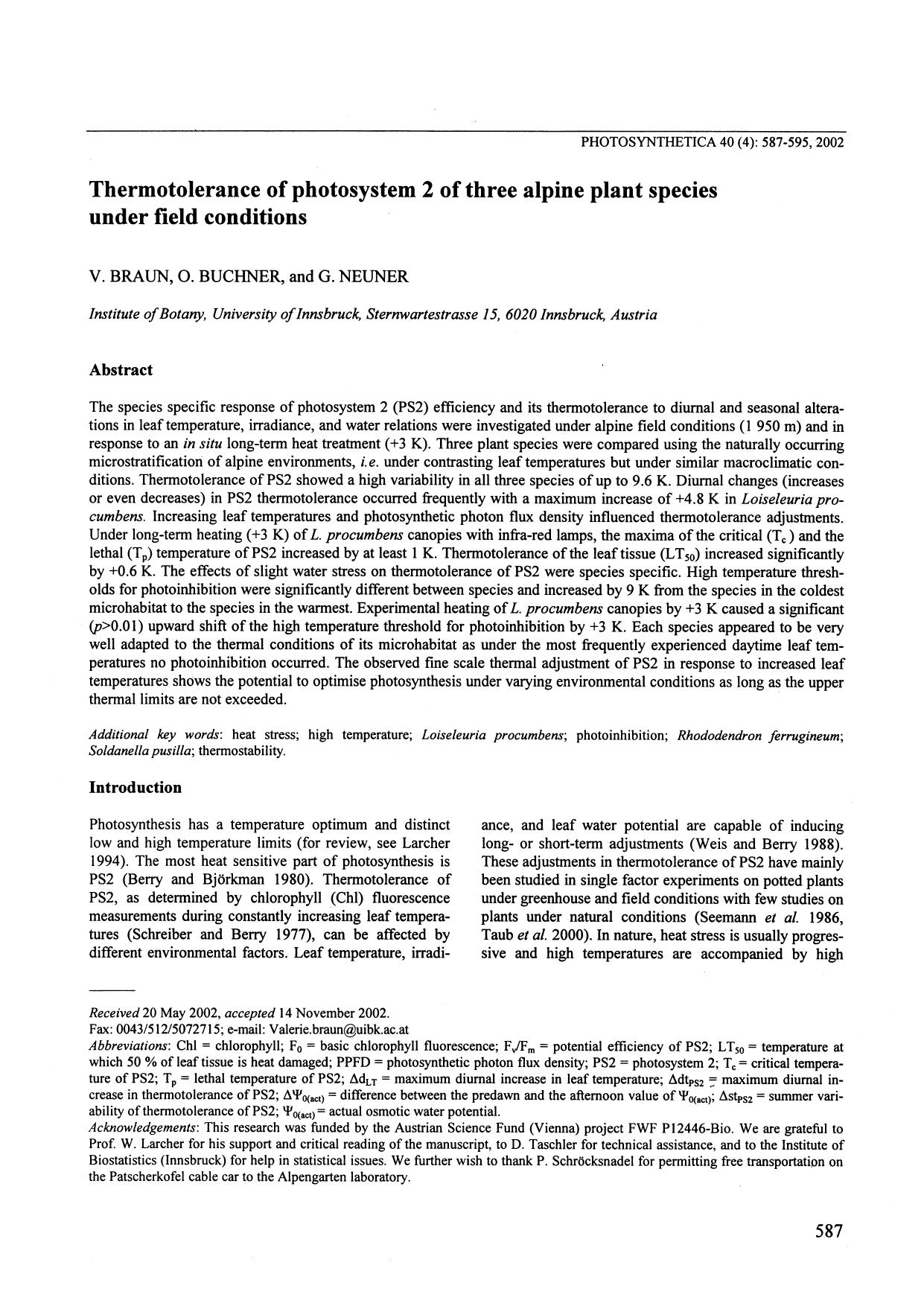 Thermotolerance of Photosystem 2 of Three Alpine Plant Species Under Field Conditions by Unknown