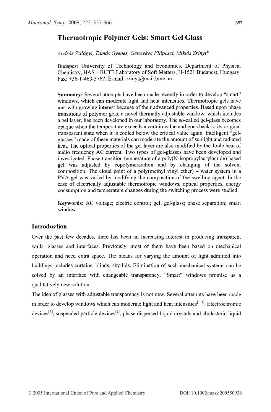 Thermotropic Polymer Gels[colon] Smart Gel Glass by Unknown
