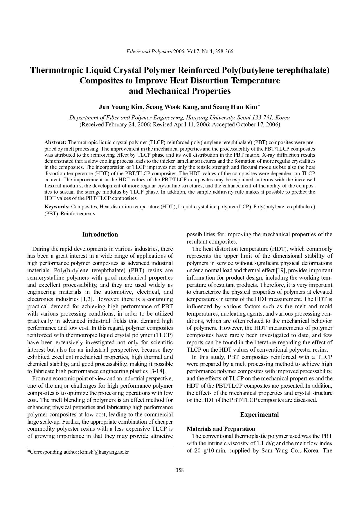 Thermotropic liquid crystal polymer reinforced poly(butylene terephthalate) composites to improve heat distortion temperature and mechanical properties by Unknown