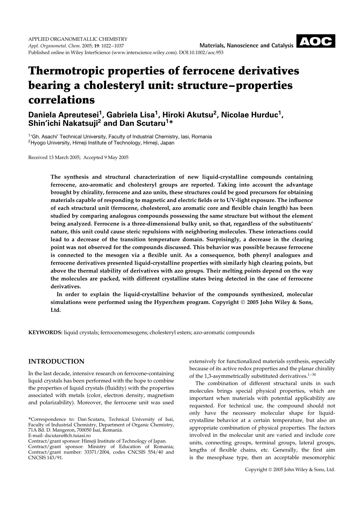 Thermotropic properties of ferrocene derivatives bearing a cholesteryl unit: structure-properties correlations by Unknown