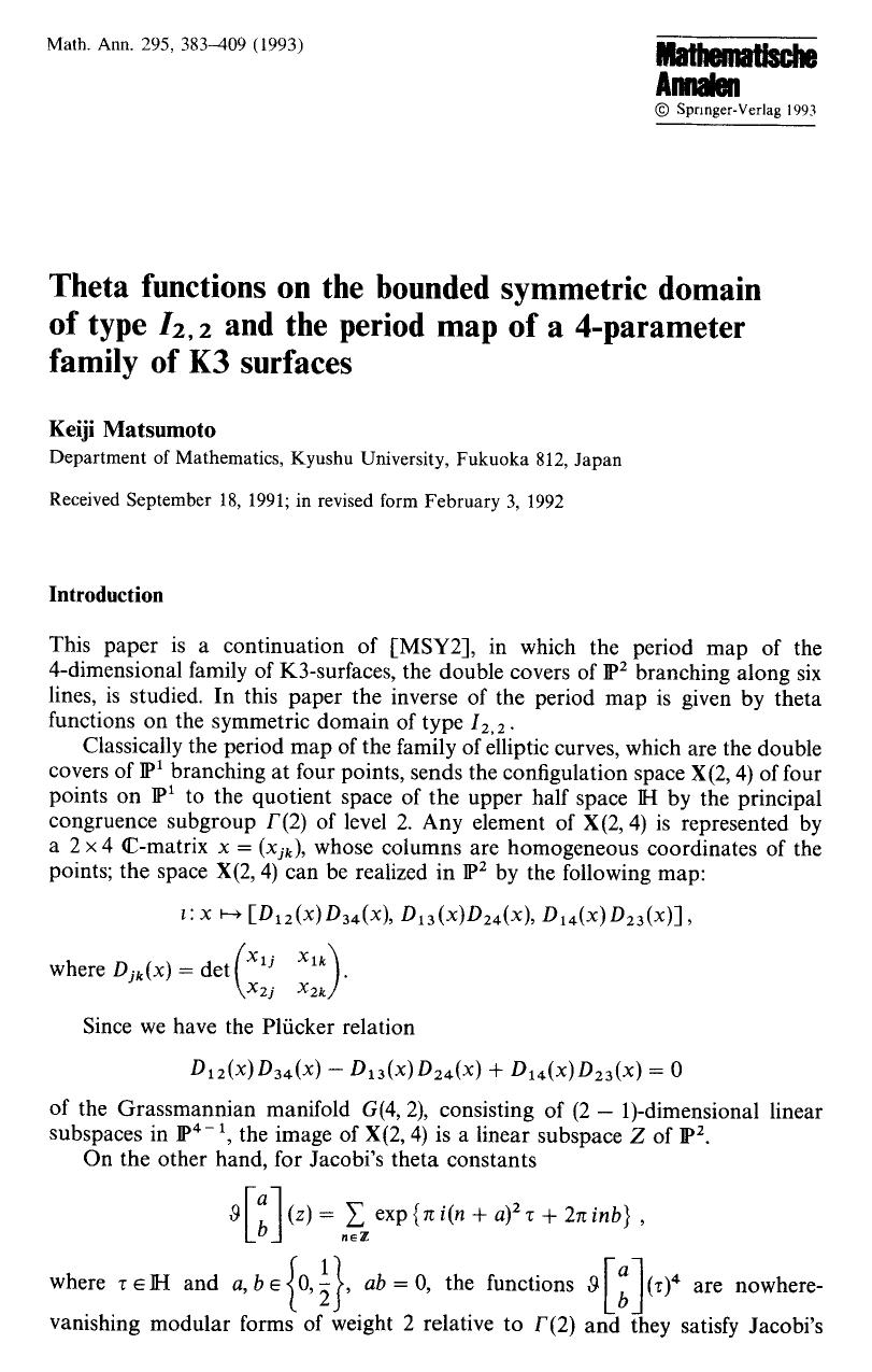 Theta functions on the bounded symmetric domain of type <Emphasis Type="Italic">I <Emphasis> <Subscript>2, 2 <Subscript> and the period map of a 4-parameter family of K3 surfaces by Unknown