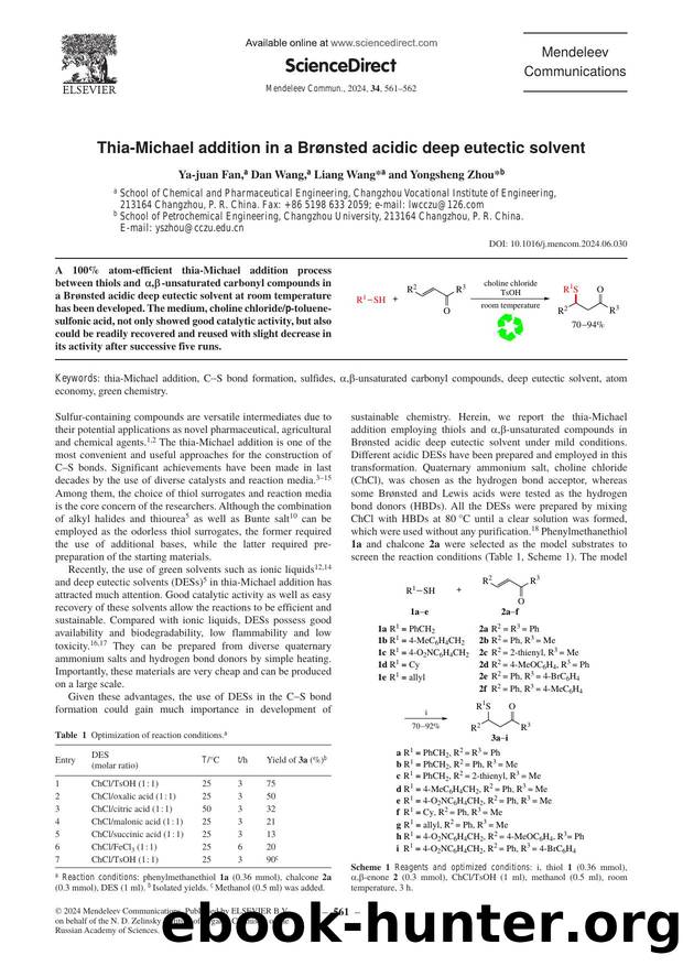 Thia-Michael addition in a BrÃ¸nsted acidic deep eutectic solvent by Ya-juan Fan & Dan Wang & Liang Wang & Yongsheng Zhou