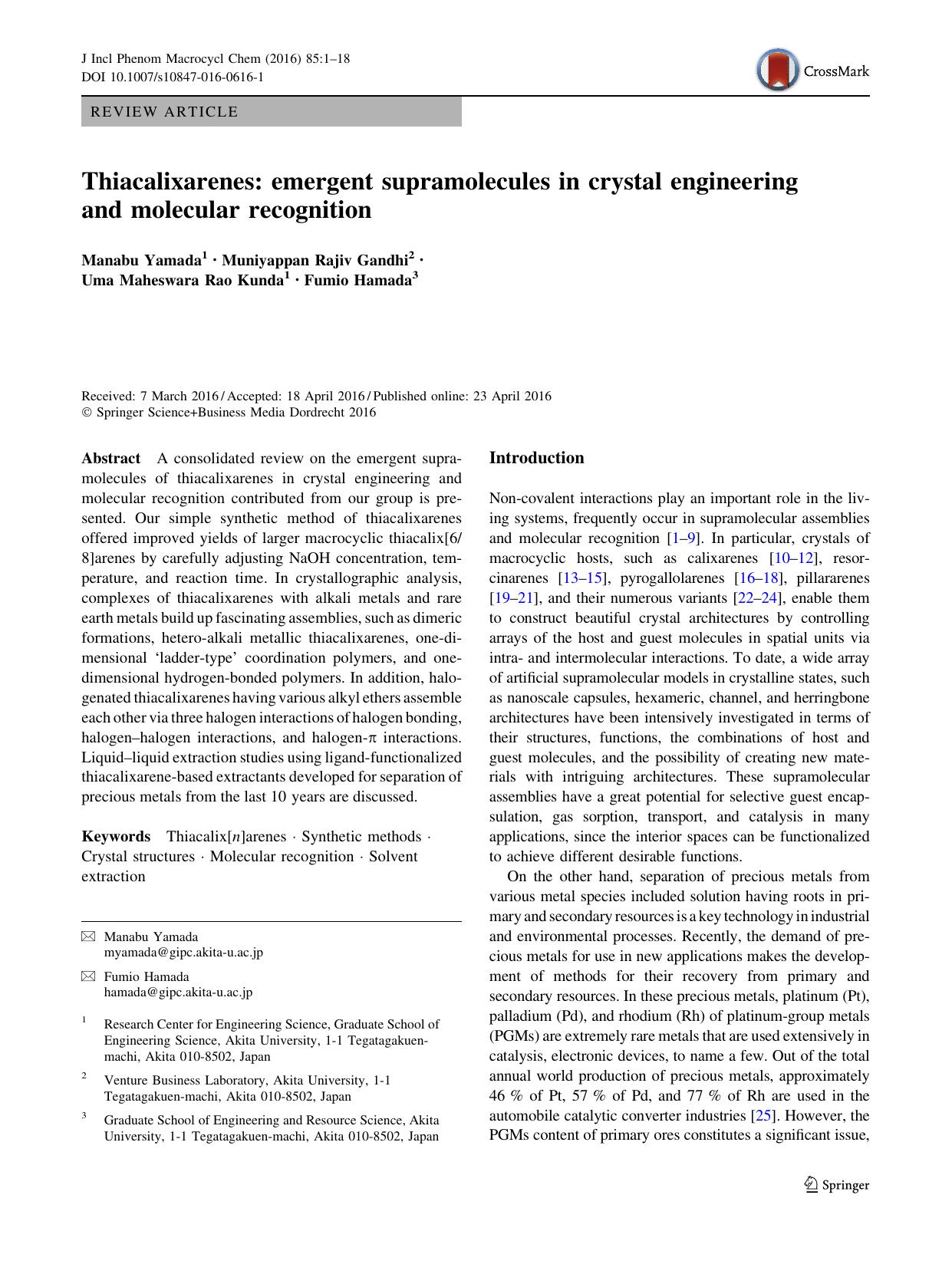 Thiacalixarenes: emergent supramolecules in crystal engineering and molecular recognition by Manabu Yamada & Muniyappan Rajiv Gandhi & Uma Maheswara Rao Kunda & Fumio Hamada