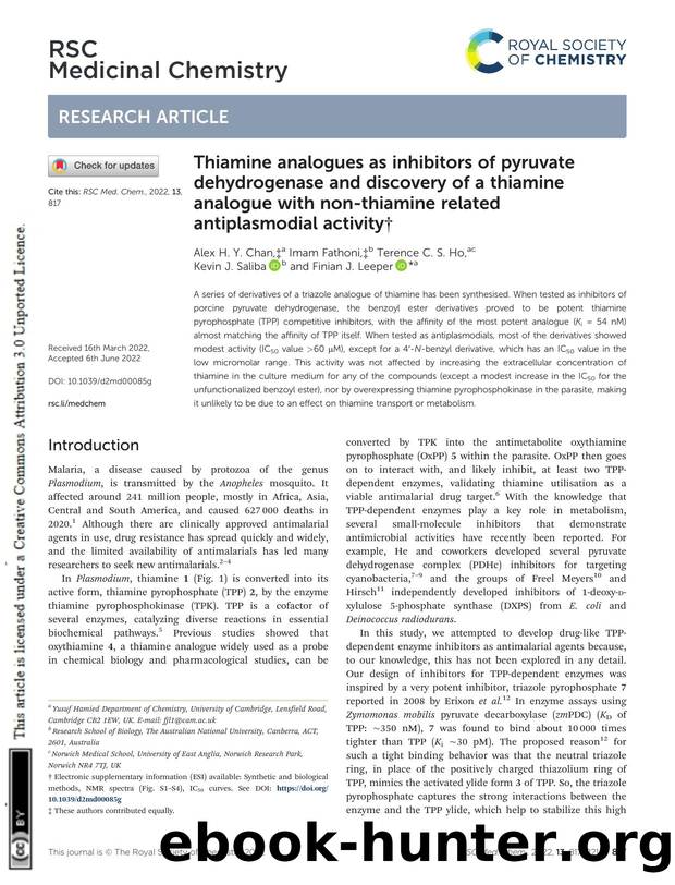 Thiamine analogues as inhibitors of pyruvate dehydrogenase and discovery of a thiamine analogue with non-thiamine related antiplasmodial activity by Alex H. Y. Chan & Imam Fathoni & Terence C. S. Ho & Kevin J. Saliba & Finian J. Leeper