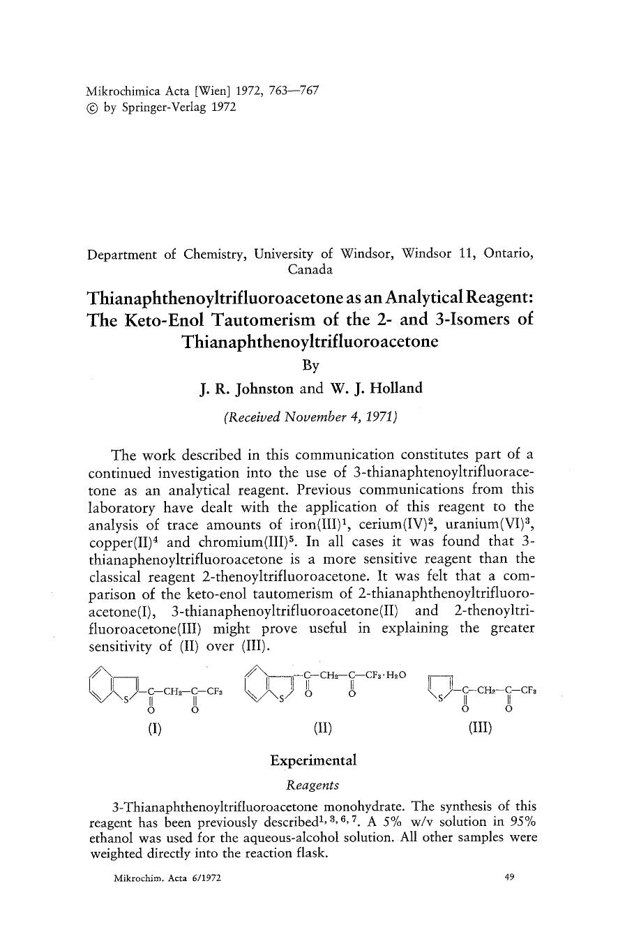 Thianaphthenoyltrifluoroacetone as an analytical reagent: The keto-enol tautomerism of the 2- and 3-isomers of thianaphthenoyltrifluoroacetone by Unknown