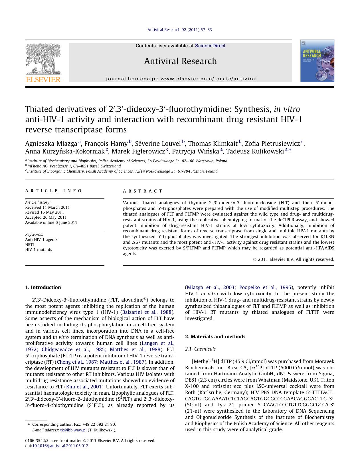 Thiated derivatives of 2Ã¢â¬Â²,3Ã¢â¬Â²-dideoxy-3Ã¢â¬Â²-fluorothymidine: Synthesis, in vitro anti-HIV-1 activity and interaction with recombinant drug resistant HIV-1 reverse transcriptase forms by unknow