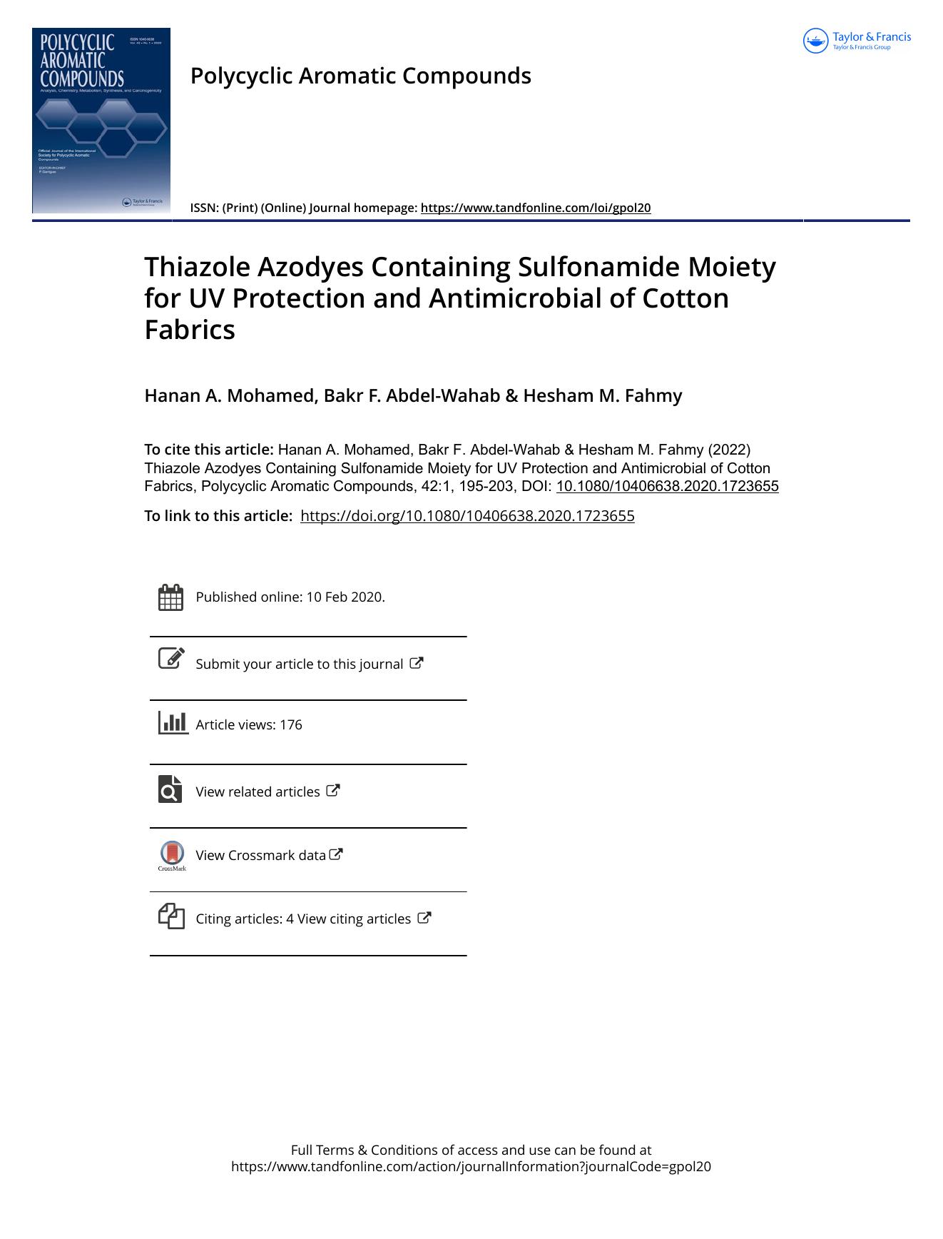 Thiazole Azodyes Containing Sulfonamide Moiety for UV Protection and Antimicrobial of Cotton Fabrics by Mohamed Hanan A. & Abdel-Wahab Bakr F. & Fahmy Hesham M