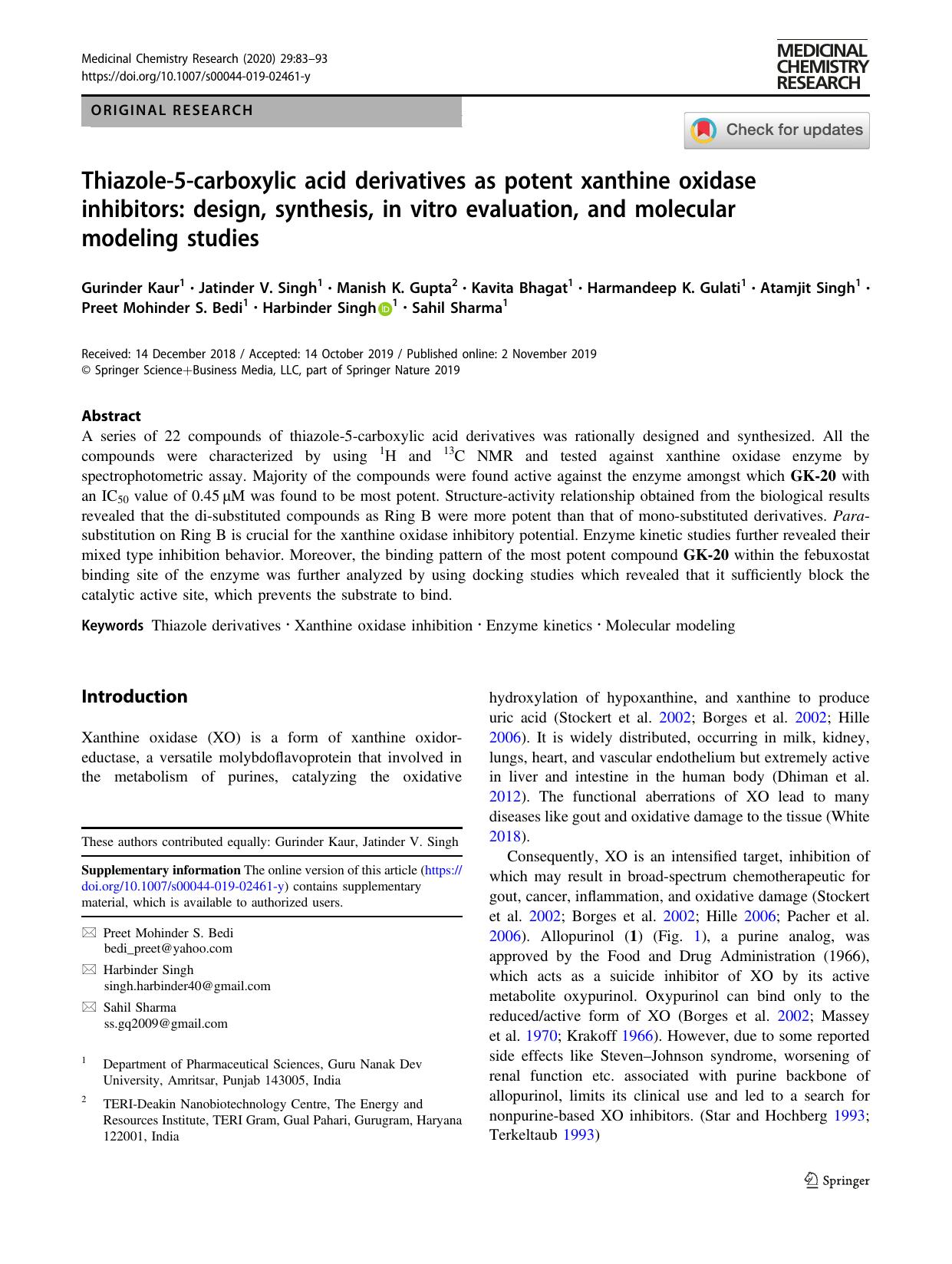 Thiazole-5-carboxylic acid derivatives as potent xanthine oxidase inhibitors: design, synthesis, in vitro evaluation, and molecular modeling studies by unknow
