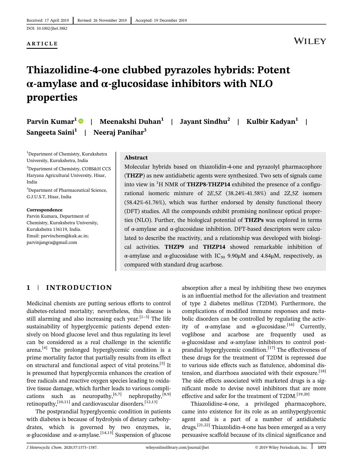 Thiazolidine-4-one clubbed pyrazoles hybrids: Potent Î±-amylase and Î±-glucosidase inhibitors with NLO properties by Unknown