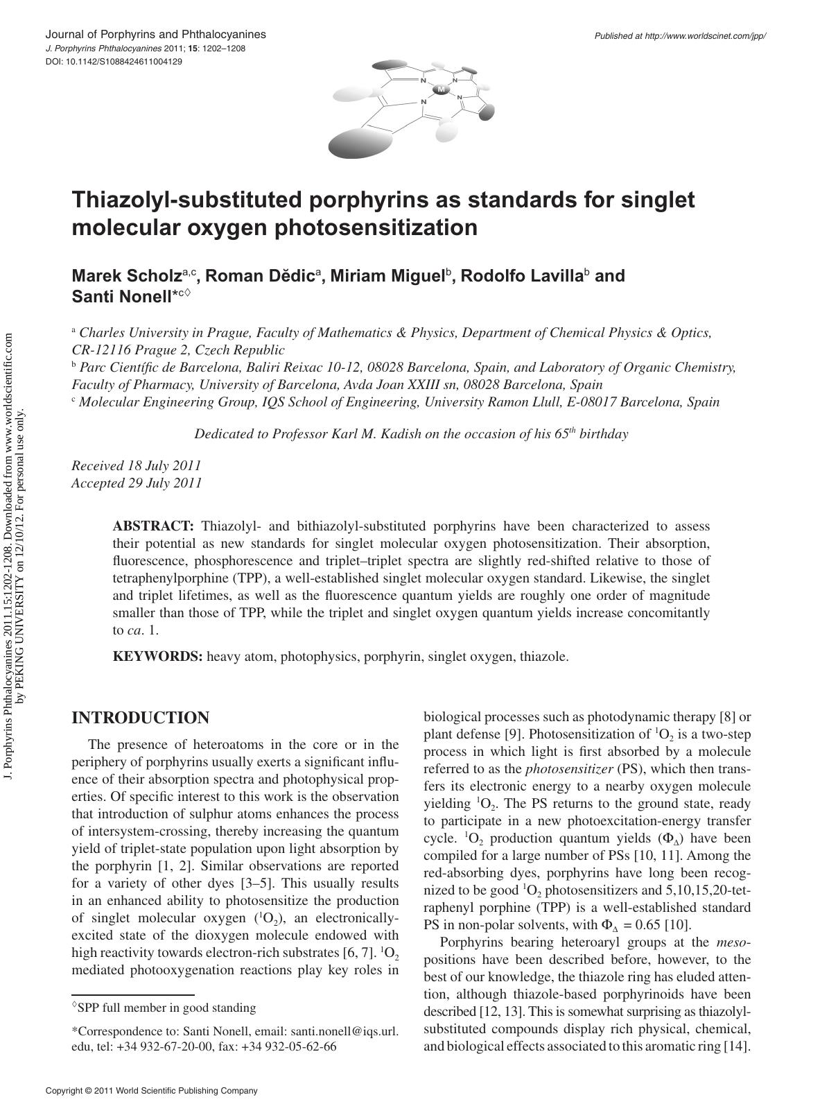 Thiazolyl-substituted porphyrins as standards for singlet molecular oxygen photosensitization by Marek Scholz Roman Dĕdic Miriam Miguel Rodolfo Lavilla & Santi Nonell