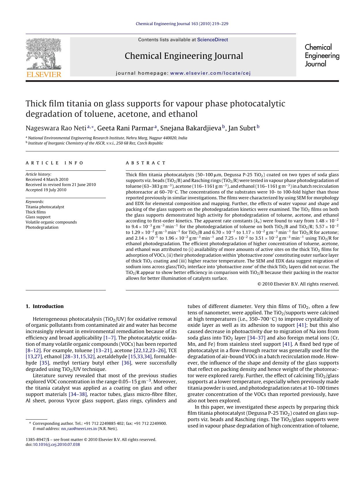 Thick film titania on glass supports for vapour phase photocatalytic degradation of toluene, acetone, and ethanol by Nageswara Rao Neti