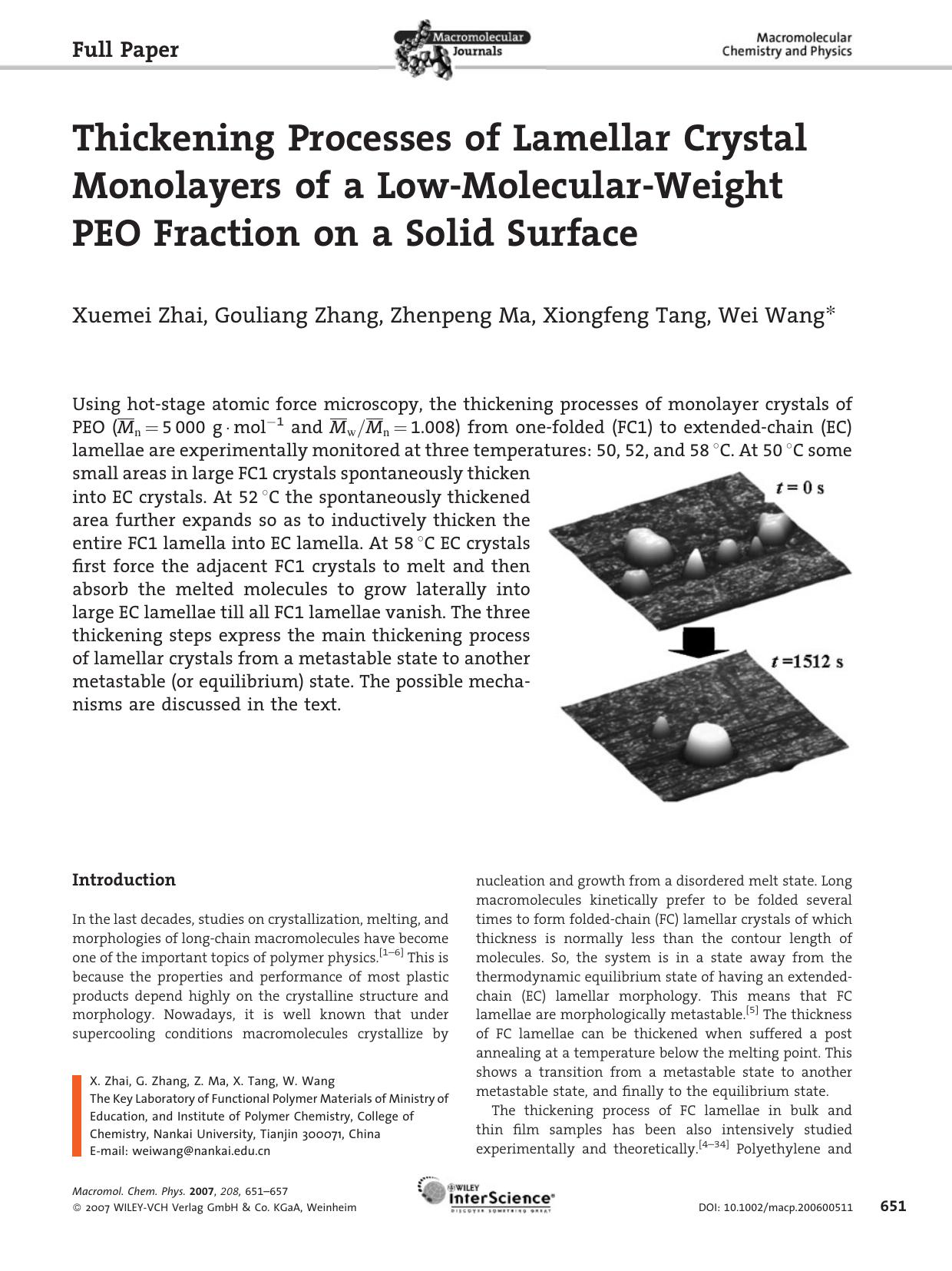 Thickening Processes of Lamellar Crystal Monolayers of a Low-Molecular-Weight PEO Fraction on a Solid Surface by Unknown