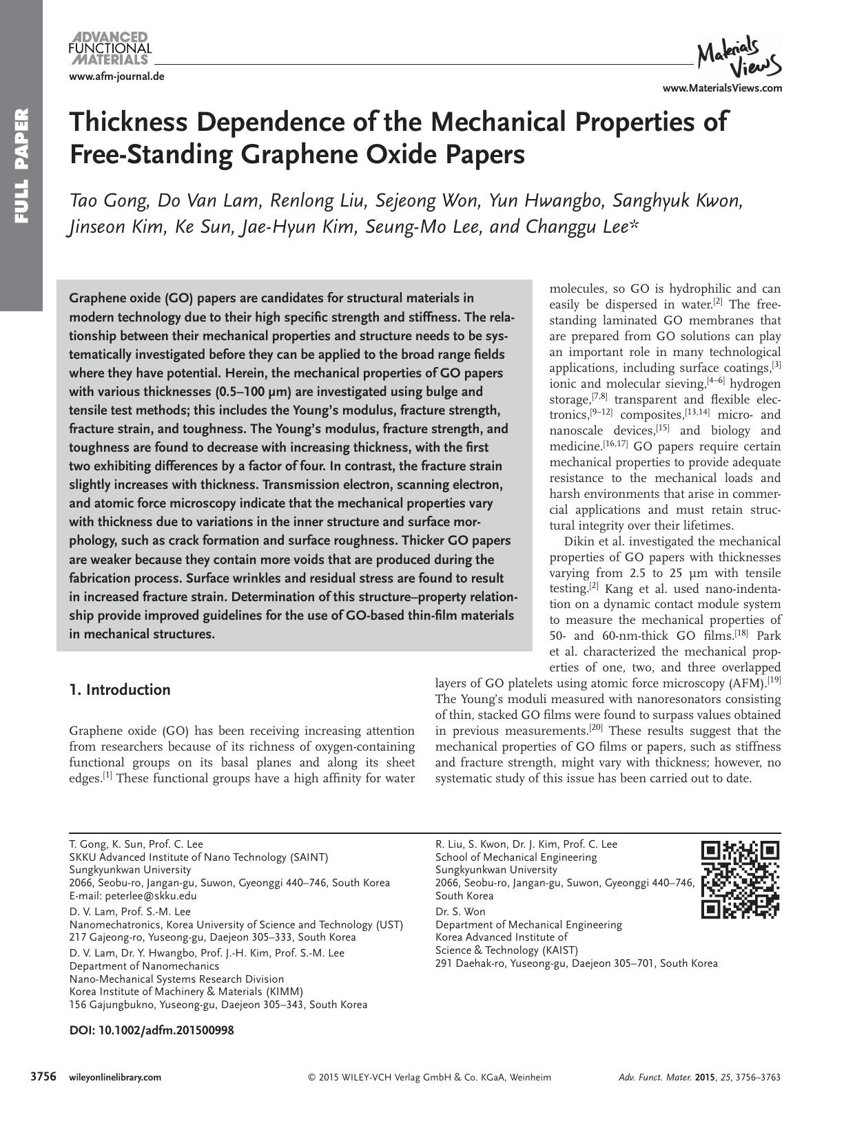 Thickness Dependence of the Mechanical Properties of Free‐Standing Graphene Oxide Papers by Unknown