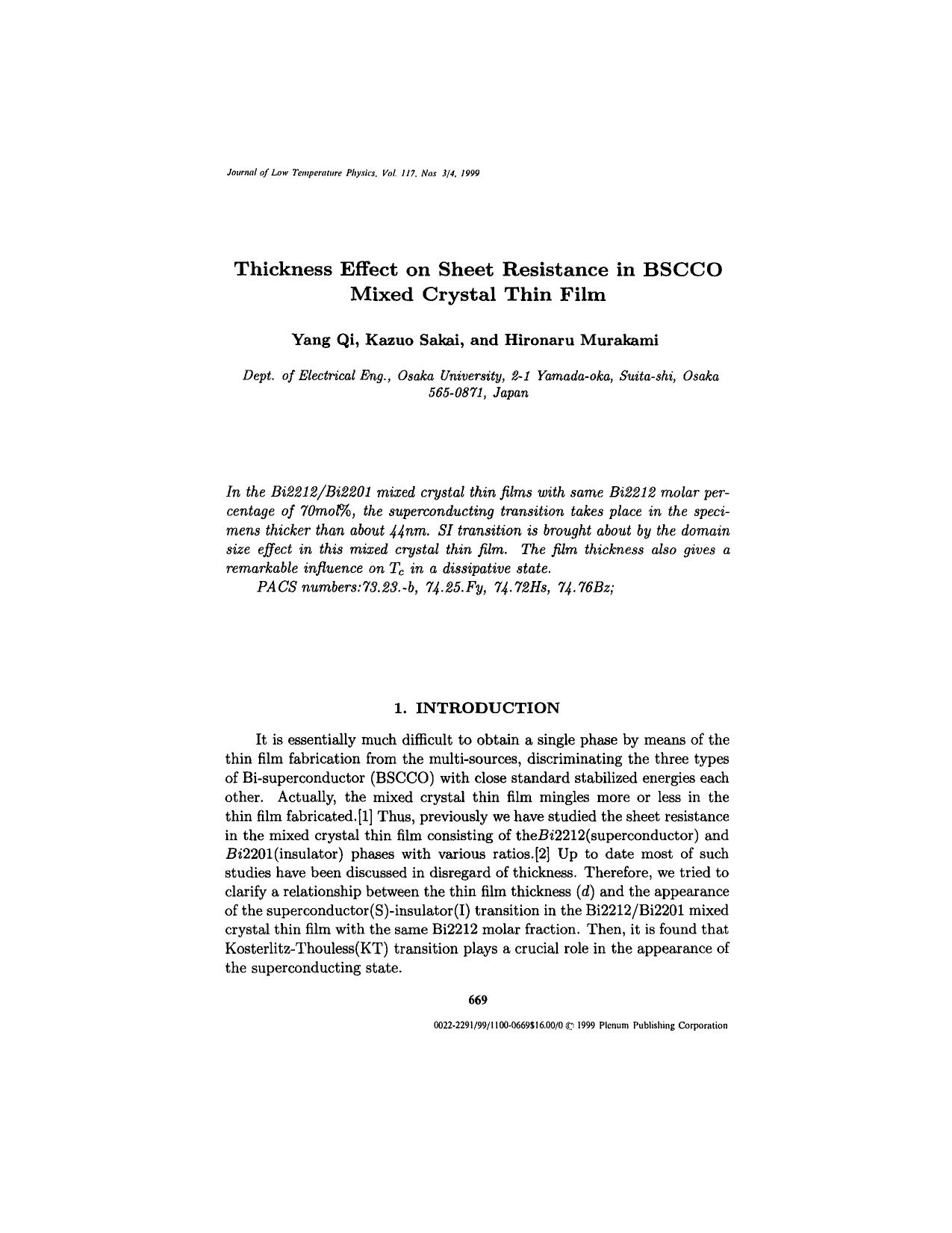 Thickness Effect on Sheet Resistance in BSCCO Mixed Crystal Thin Film by Unknown