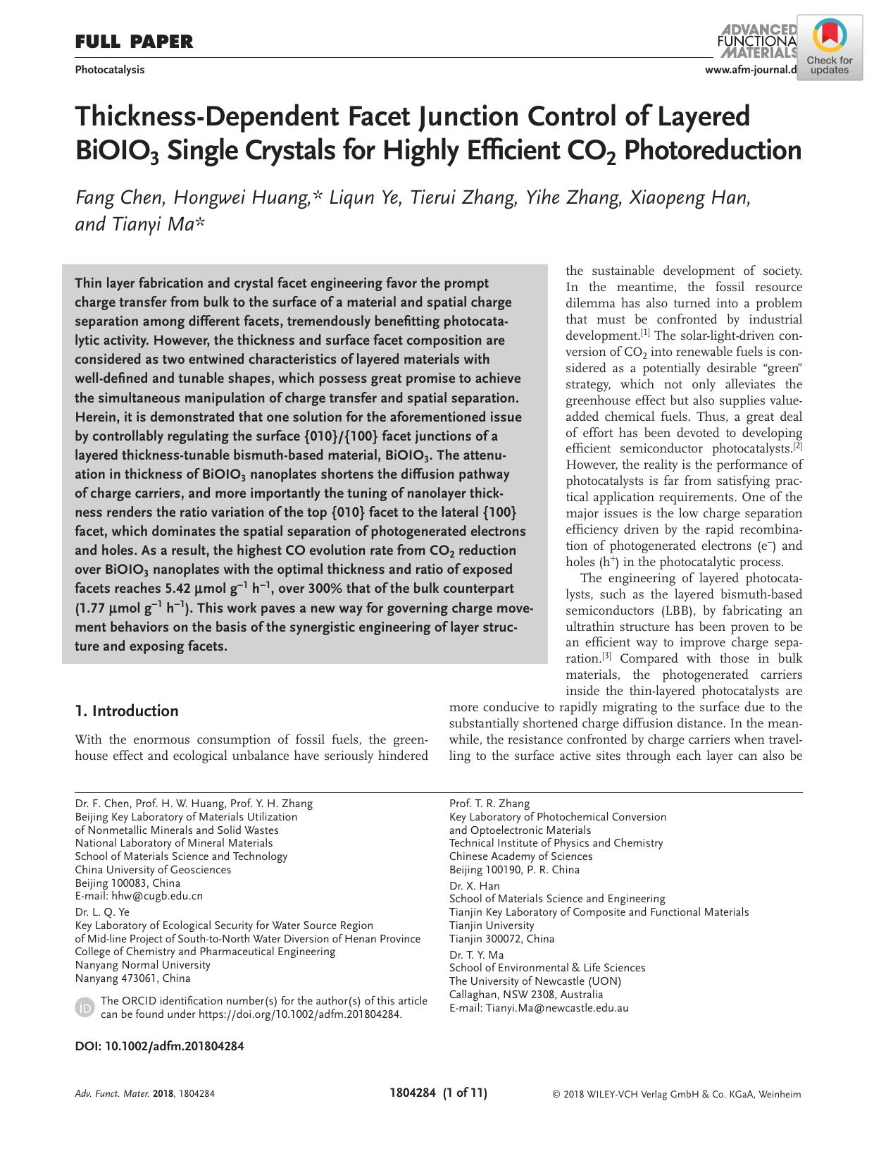 ThicknessâDependent Facet Junction Control of Layered BiOIO3 Single Crystals for Highly Efficient CO2 Photoreduction by Unknown