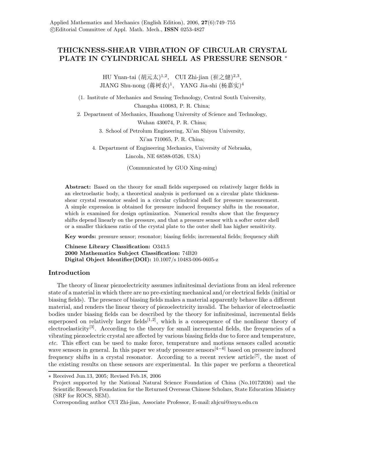 Thickness-shear vibration of circular crystal plate in cylindrical shell as pressure sensor by Unknown