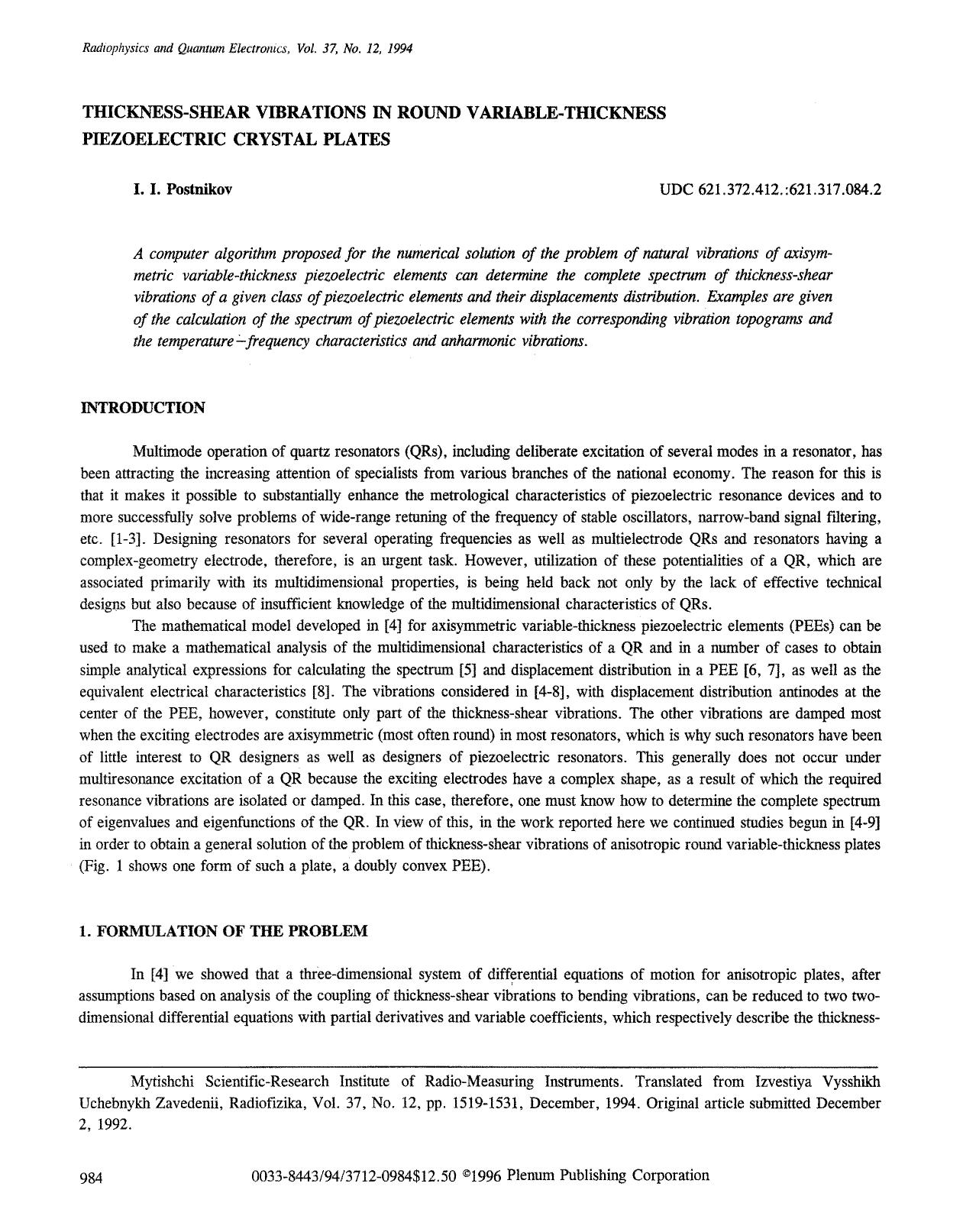 Thickness-shear vibrations in round variable-thickness piezoelectric crystal plates by Unknown