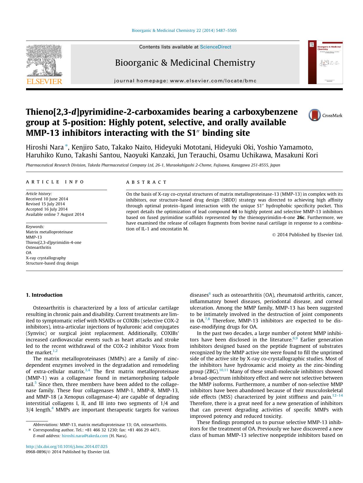 Thieno[2,3-d]pyrimidine-2-carboxamides bearing a carboxybenzene group at 5-position: Highly potent, selective, and orally available MMP-13 inhibitors interacting with the S1Ã¢â¬Â³ binding site by unknow