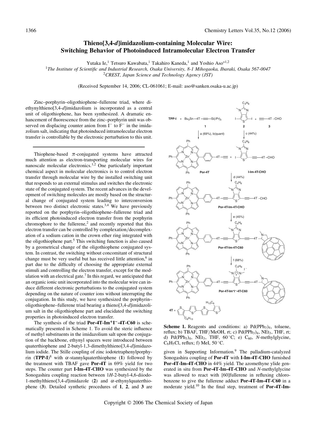 Thieno[3,4-d]imidazolium-containing Molecular Wire: Switching Behavior of Photoinduced Intramolecular Electron Transfer by Yutaka Ie Tetsuro Kawabata Takahiro Kaneda and Yoshio Aso