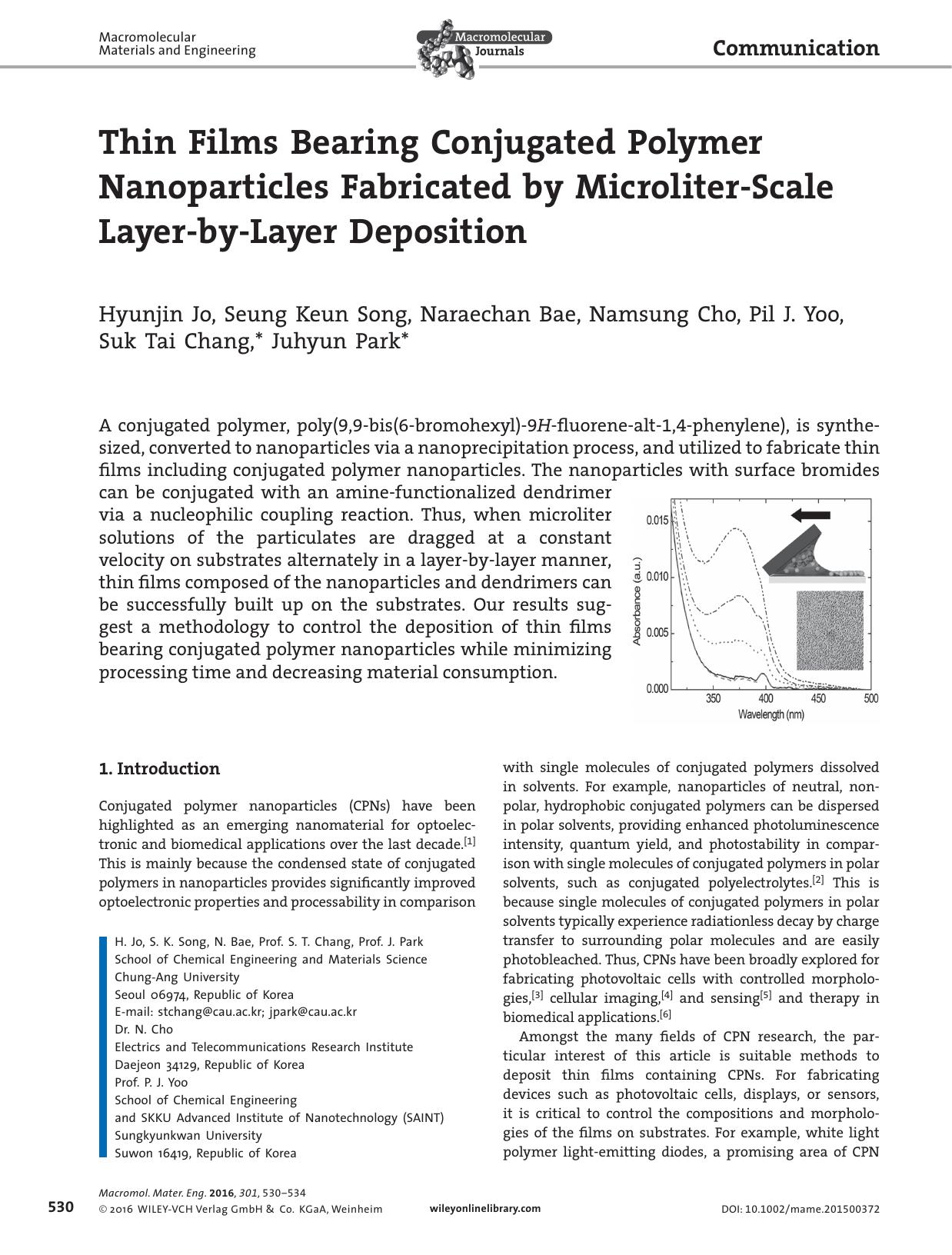 Thin Films Bearing Conjugated Polymer Nanoparticles Fabricated by Microliter&#x02010;Scale Layer&#x02010;by&#x02010;Layer Deposition by Unknown