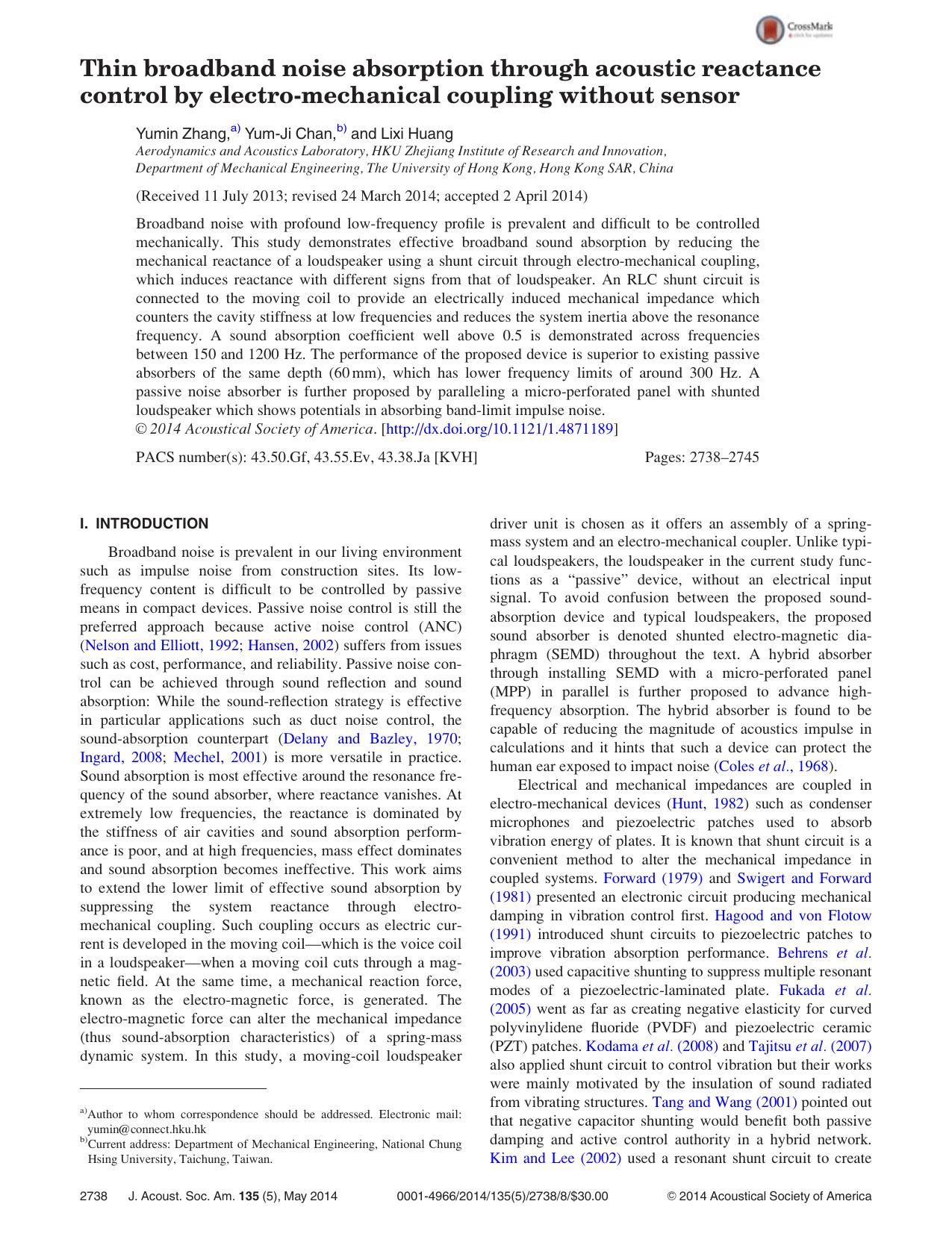 Thin broadband noise absorption through acoustic reactance control by electro-mechanical coupling without sensor by Yumin Zhang & Yum-Ji Chan & Lixi Huang