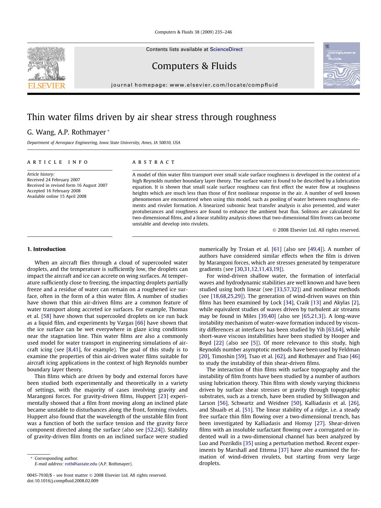 Thin water films driven by air shear stress through roughness by G. Wang; A.P. Rothmayer