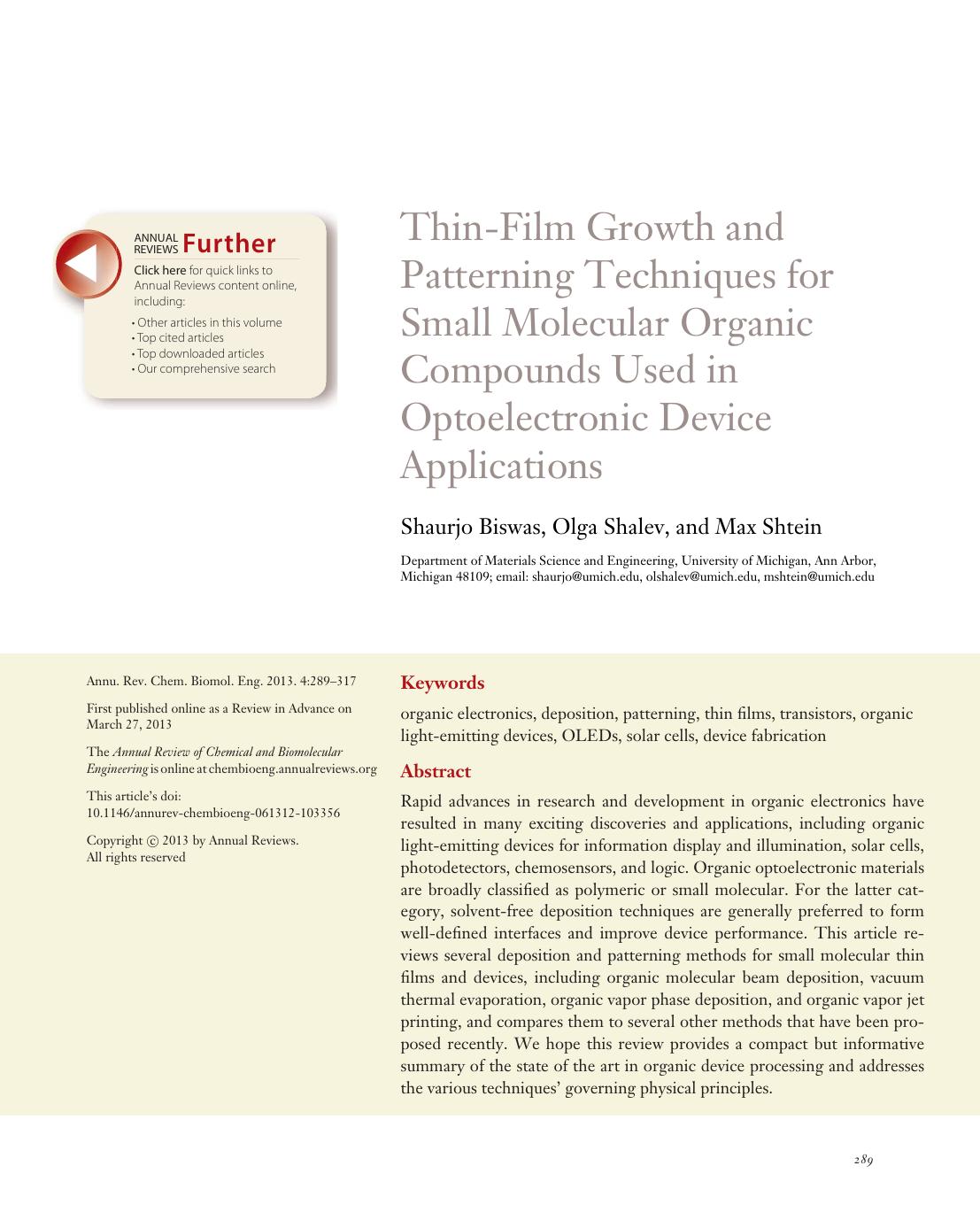 Thin-Film Growth and Patterning Techniques for Small Molecular Organic Compounds Used in Optoelectronic Device Applications by Shaurjo Biswas Olga Shalev and Max Shtein