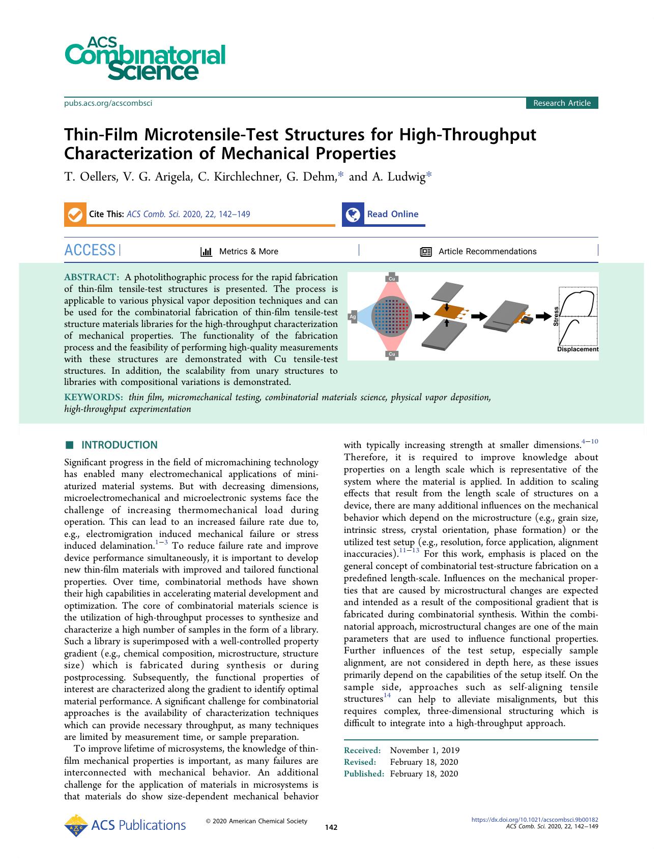 Thin-Film Microtensile-Test Structures for High-Throughput Characterization of Mechanical Properties by T. Oellers V. G. Arigela C. Kirchlechner G. Dehm and A. Ludwig