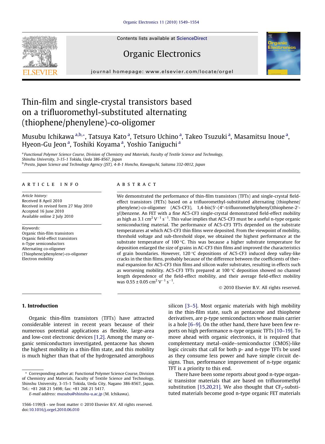 Thin-film and single-crystal transistors based on a trifluoromethyl-substituted alternating (thiophenephenylene)-co-oligomer by unknow